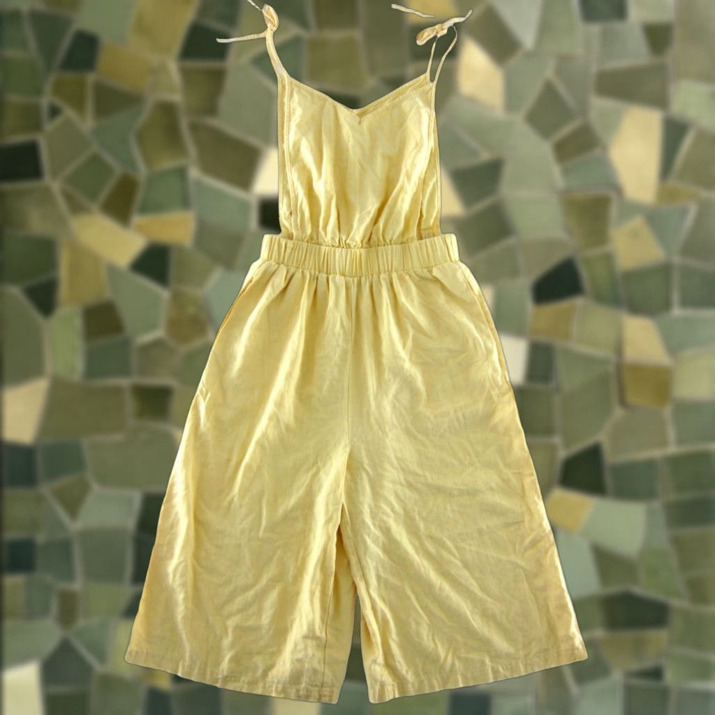 Shein SHEIN Yellow Linen Rayon Pocket Apron Style Wide Leg Cropped Jumpsuit Women M Size 32" / US 10 / IT 46 - 1 Thumbnail