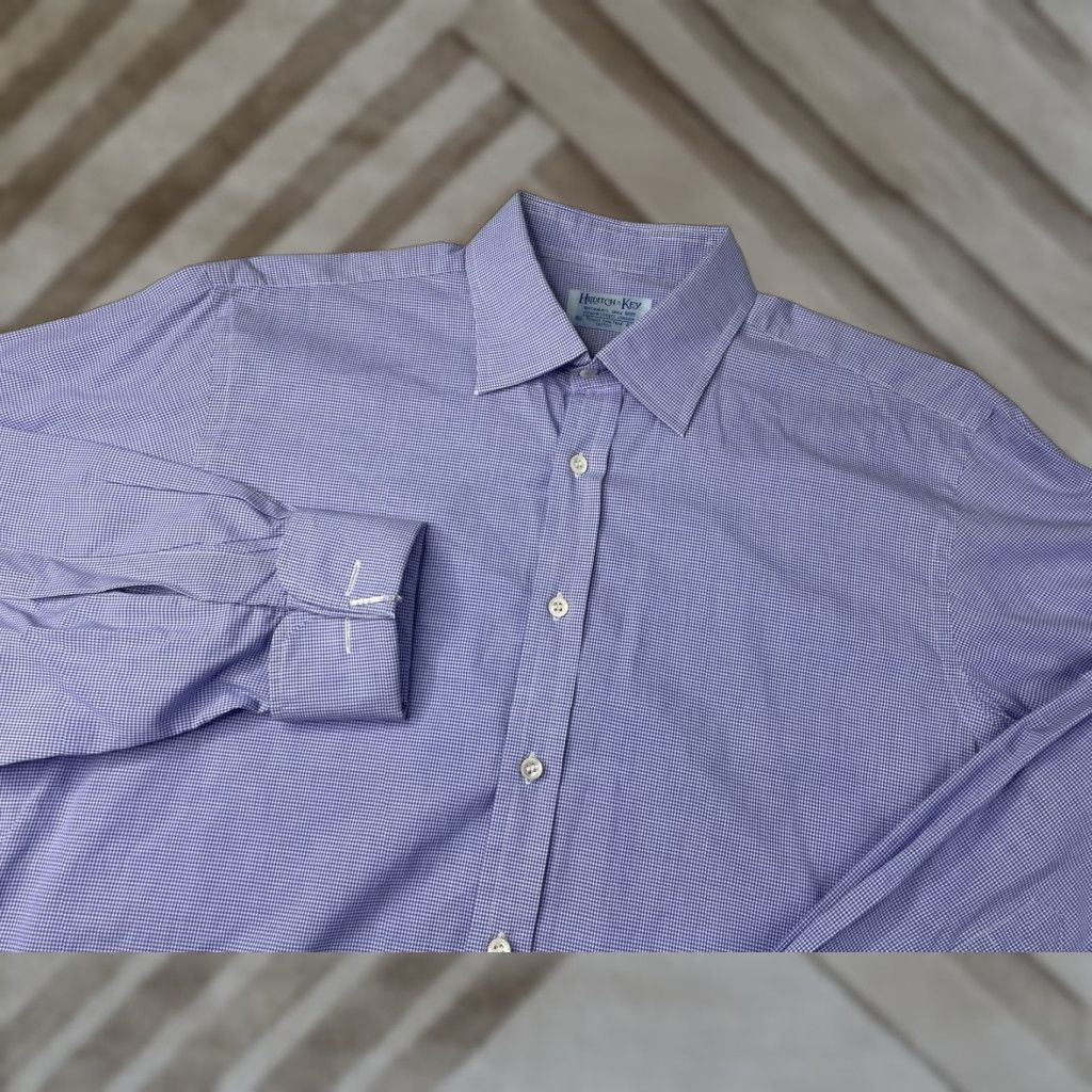 Vintage Hilditch & Key Dress Shirt Blue White Check Long Sleeve 16.5 French Cuff Button-Up Mens Regular Size 16.5 Shirt Size 46R - 1 Thumbnail