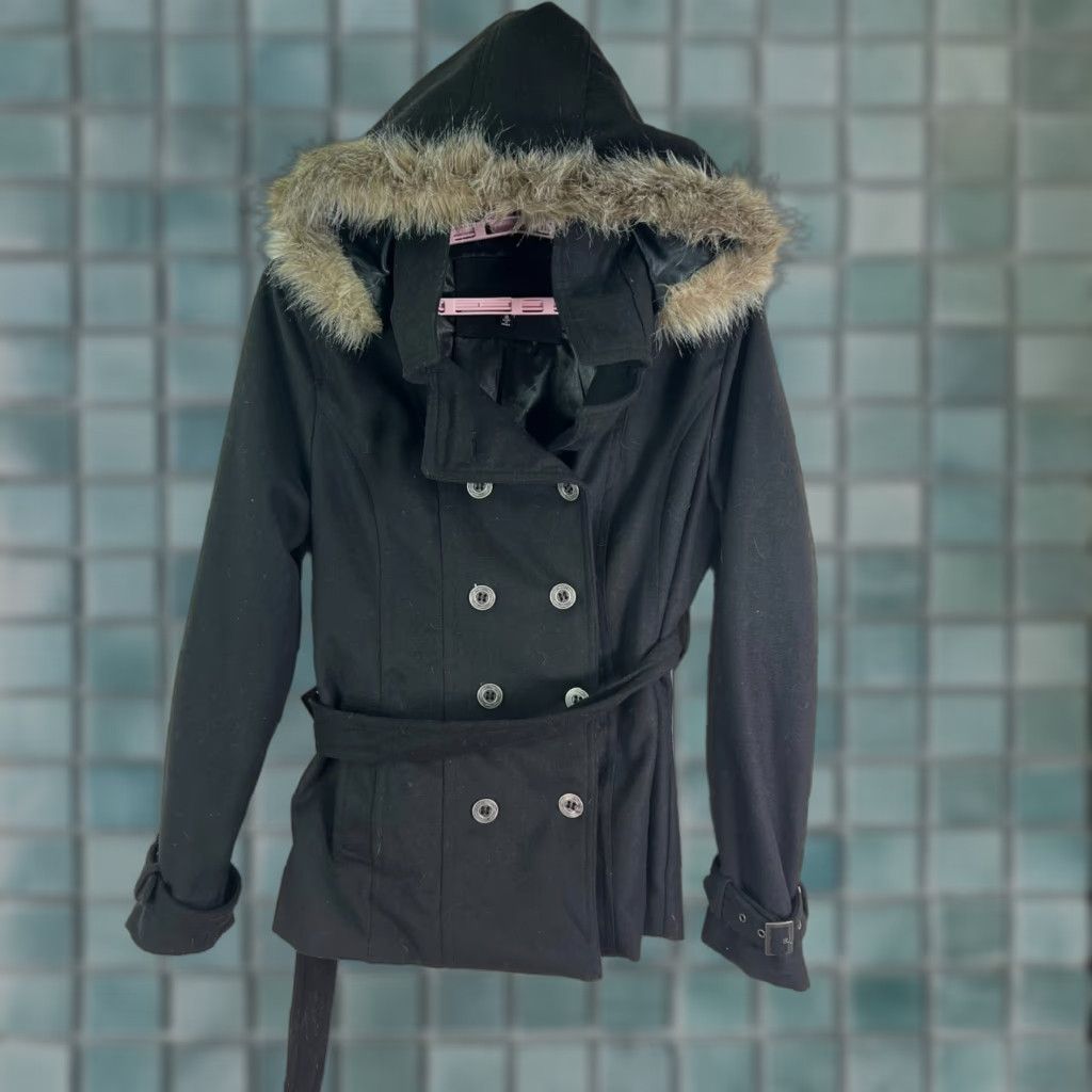 Vintage Rue 21 Wool Blend Pea Coat Women's XL Black Double Breasted Faux Fur Removable Hood 90s Classic Size XL / US 12-14 / IT 48-50 - 1 Thumbnail