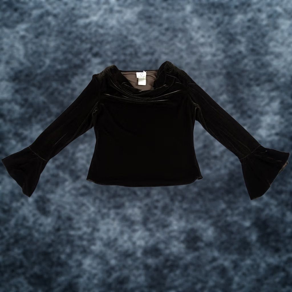 Velvet VINTAGE Ice Blouse Womens Medium Brown Velvet Velour Cowl Bell Sleeve Top Y2K Mens Womens Boys Girls Size M / US 6-8 / IT 42-44 - 1 Thumbnail