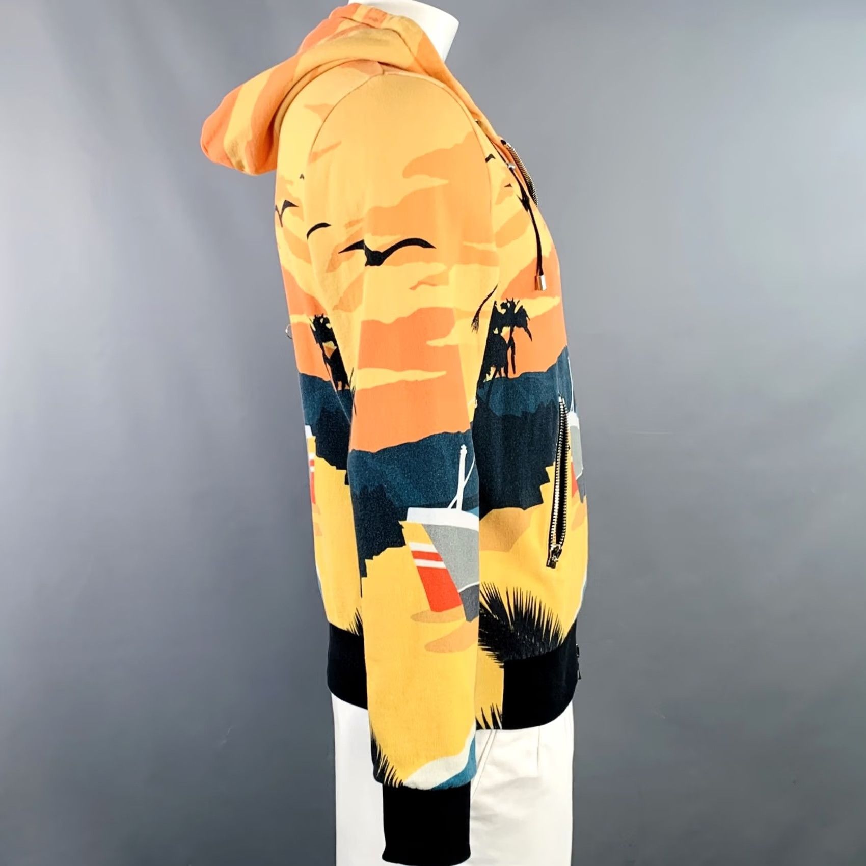 Balmain BALMAIN Hooded Sweatshirt Black Orange Blue Tropical Cotton Zip Up L Men Tubular Pattern Tropical Cotton Sweatshirt Size US L / EU 52-54 / 3 - 3 Thumbnail