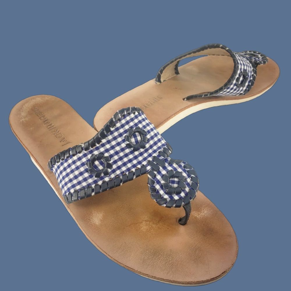 Jack Rogers JACK ROGERS Blue Gingham Check Whipstitch Fabric Slides Sandals 8M Womens Slip On Casual Travel Party/Cocktail Sandals Size US 8 / IT 38 - 1 Thumbnail
