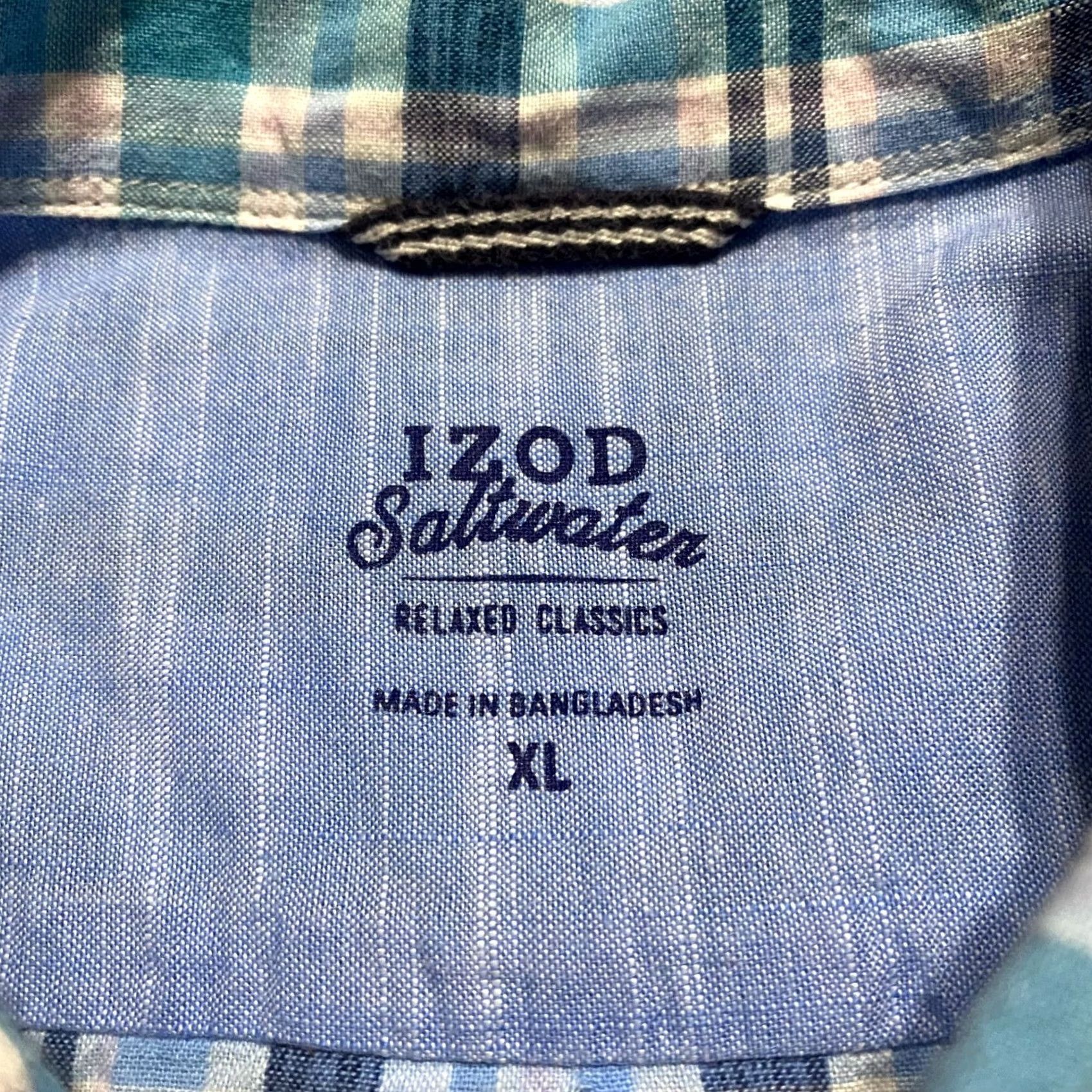 Izod IZOD Saltwater Mens XL Shirt Blue Plaid Button-Down Short Sleeve 100% Cotton Size US XL / EU 56 / 4 - 3 Thumbnail