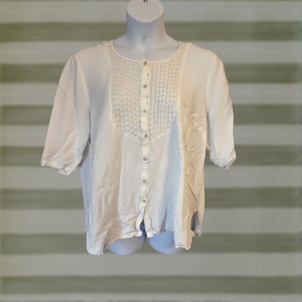 Vintage Maggie Barnes For Catherines White Pleated Trim Linen Button Down Top Boho 1X Shirt Womens Size XL / US 12-14 / IT 48-50 - 1 Thumbnail
