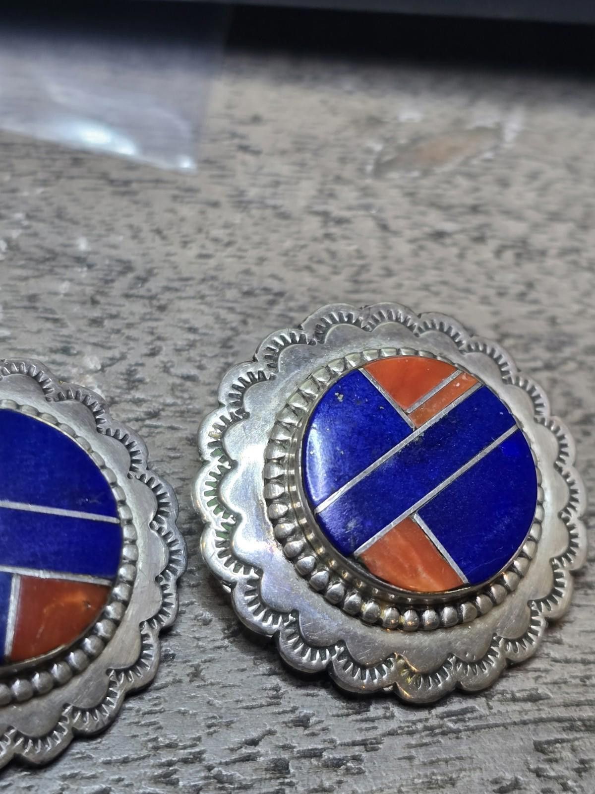 TED LAPIDUS Navajo Inlay Sterling Earrings Lapis Coral Molly Lincoln Size ONE SIZE - 1 Thumbnail