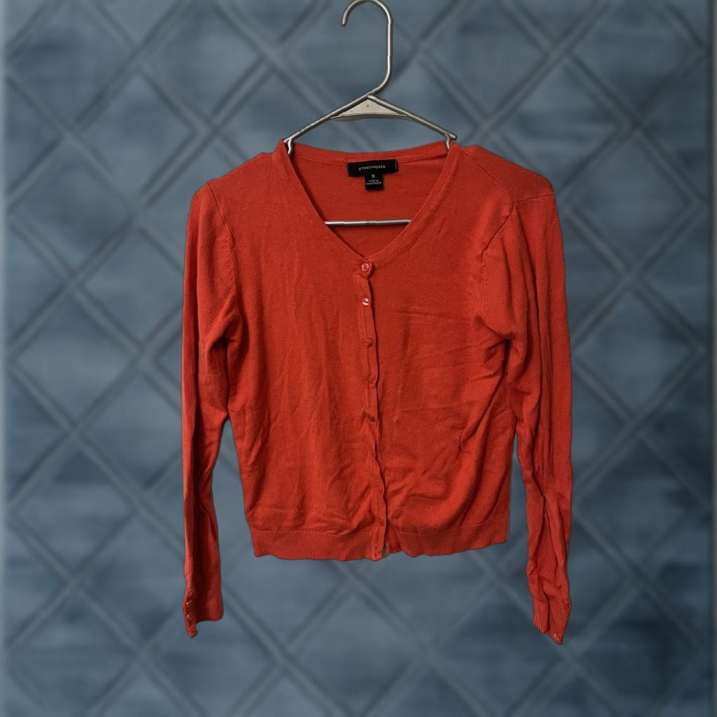 Vintage Atmosphere Cardigan Shirt Women M Orange Button Long Sleeve Knit Cotton Nylon V-Neck Classic Raglan Sleeve Lightweight Fall Spring Summer Winter Size M / US 6-8 / IT 42-44 - 1 Thumbnail