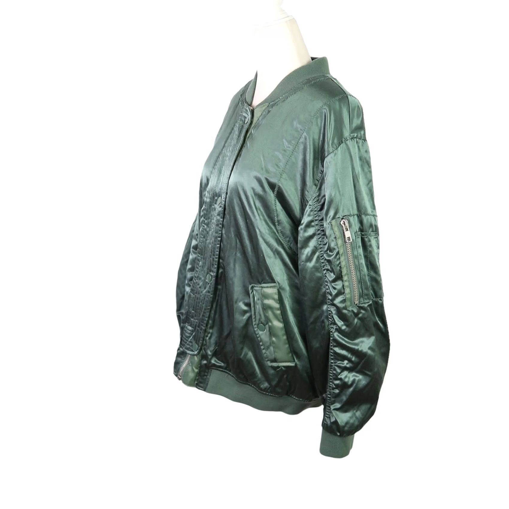 Asos ASOS Dark Green Satin Bomber Jacket Women US 8 Size Regular Zip Snap Closure Long Sleeve Polyester Satin Jacket Fall Spring Casual Size M / US 6-8 / IT 42-44 - 3 Thumbnail
