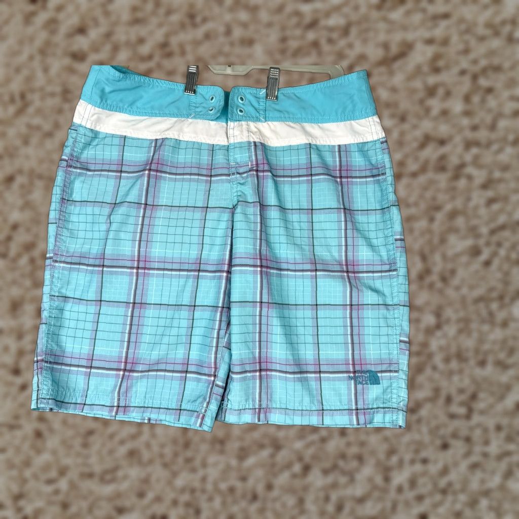 The North Face Swim Trunks Women 10 Blue Plaid 100% Polyester Beach Pool
