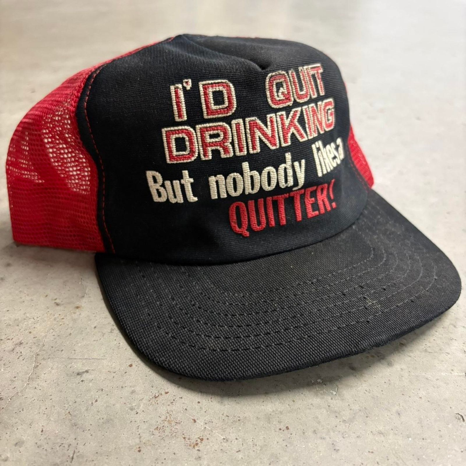 Japanese Brand × Vintage Crazy Vintage 80s I'd Quit Drinking Text Graphic Trucker Hat Size ONE SIZE - 1 Thumbnail