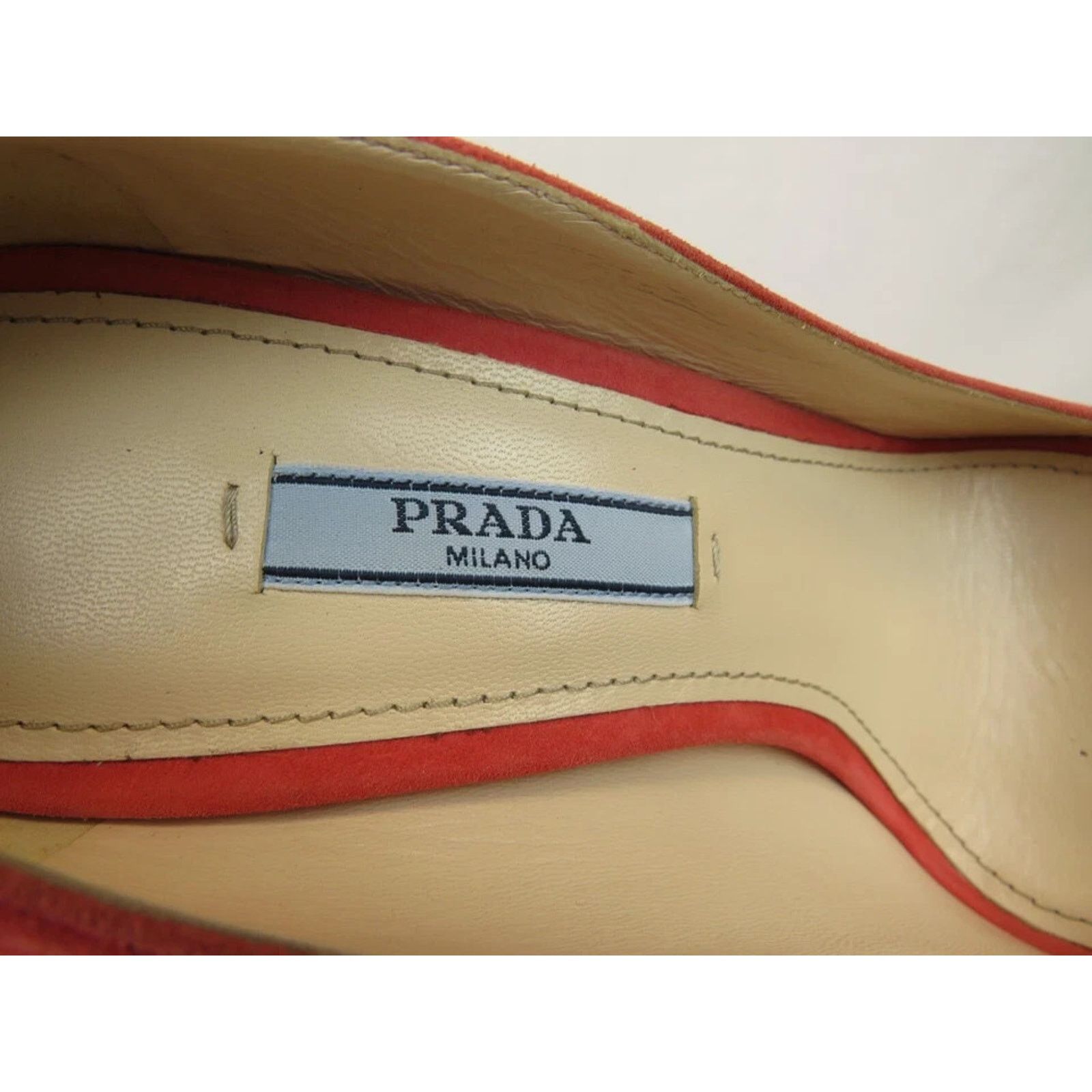 Prada PRADA 1KP150 CORAL SUEDE GOLD LOGO PLATFORM PUMPS 37.5 ITALY Size US 7.5 / IT 37.5 - 6 Thumbnail