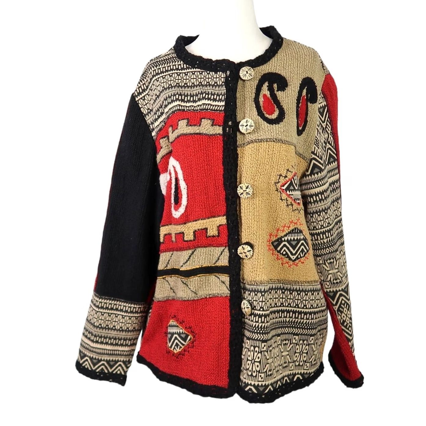 Vintage VINTAGE Jacket Womens L Black 90s Alex Kin red tan paisley geometric print knit Size L / US 10 / IT 46 - 2 Thumbnail