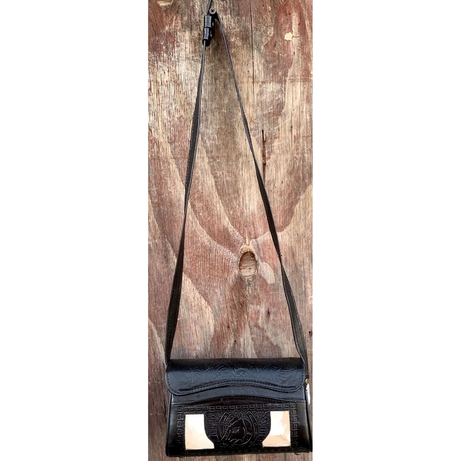 Vintage VINTAGE Tooled Leather Purse Shoulder Bag Crossbody Black W/ Hair On Hide Horse Floral - Hecho In Mexico Women Bag Size ONE SIZE - 5 Thumbnail