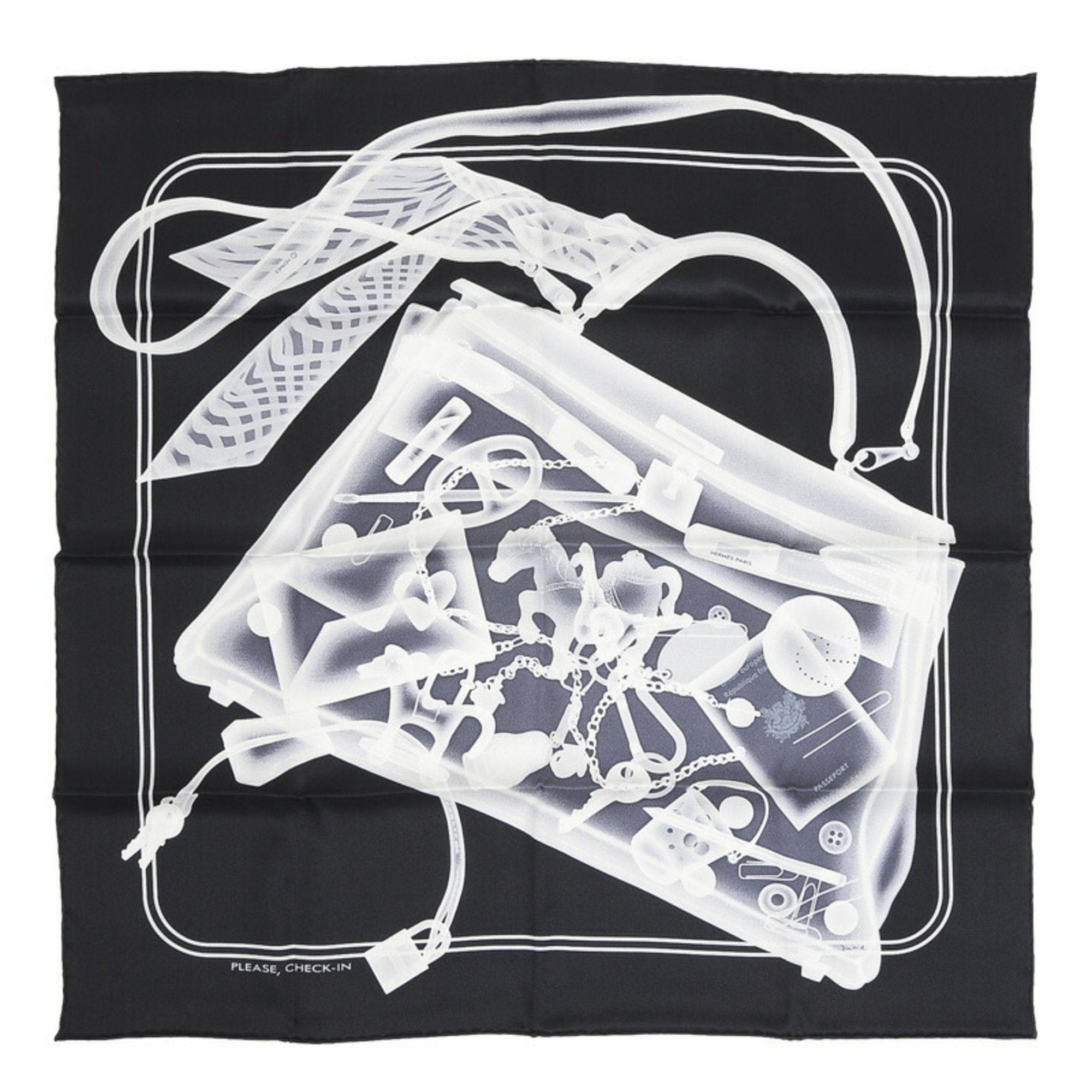 image of Hermes Carre 70 Muffler/scarf Please Check-In Please Check-In Black White Silk, Women's