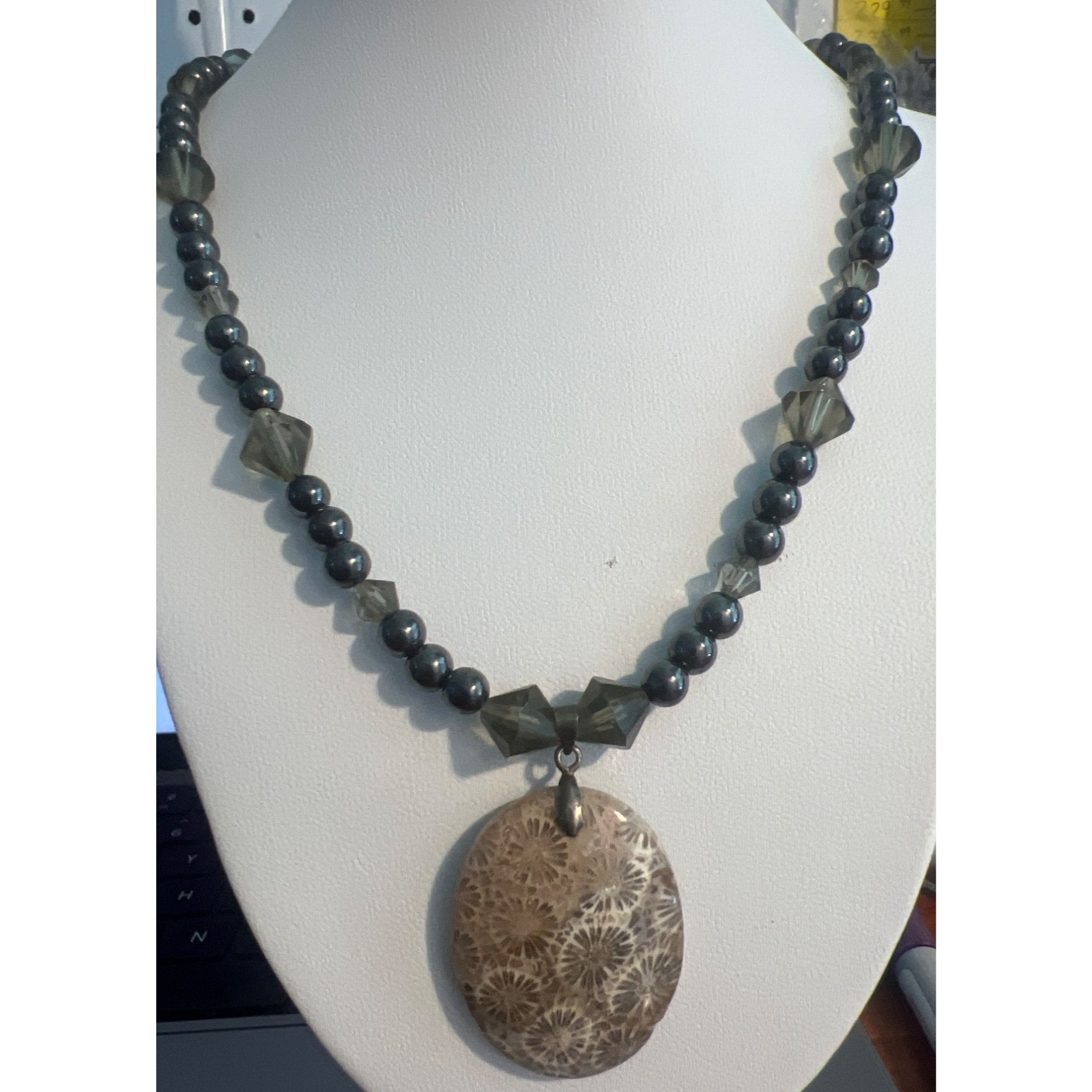 Other Vintage Fossil Coral Pendant Necklace Hematite Smoky Quartz Size ONE SIZE - 1 Thumbnail