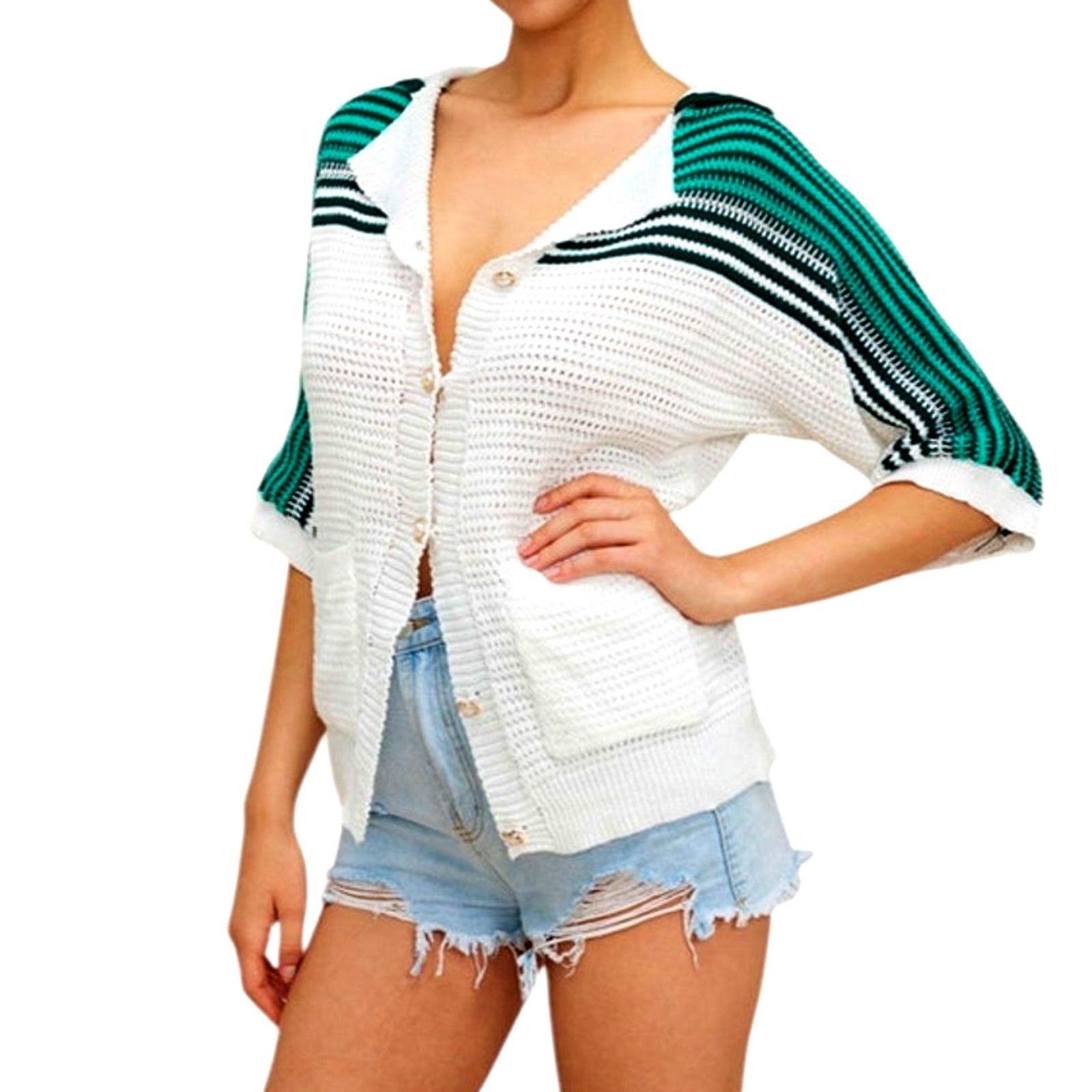 Other White Green Black Contrast Crochet Short Sleeve Sweater Top Size S / US 4 / IT 40 - 1 Thumbnail