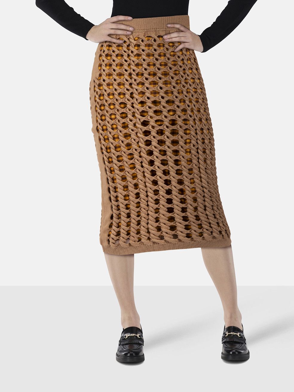 Fendi Brown Knit Gingham Lined Midi Skirt Size 26" / US 2 / IT 38 - 1 Thumbnail