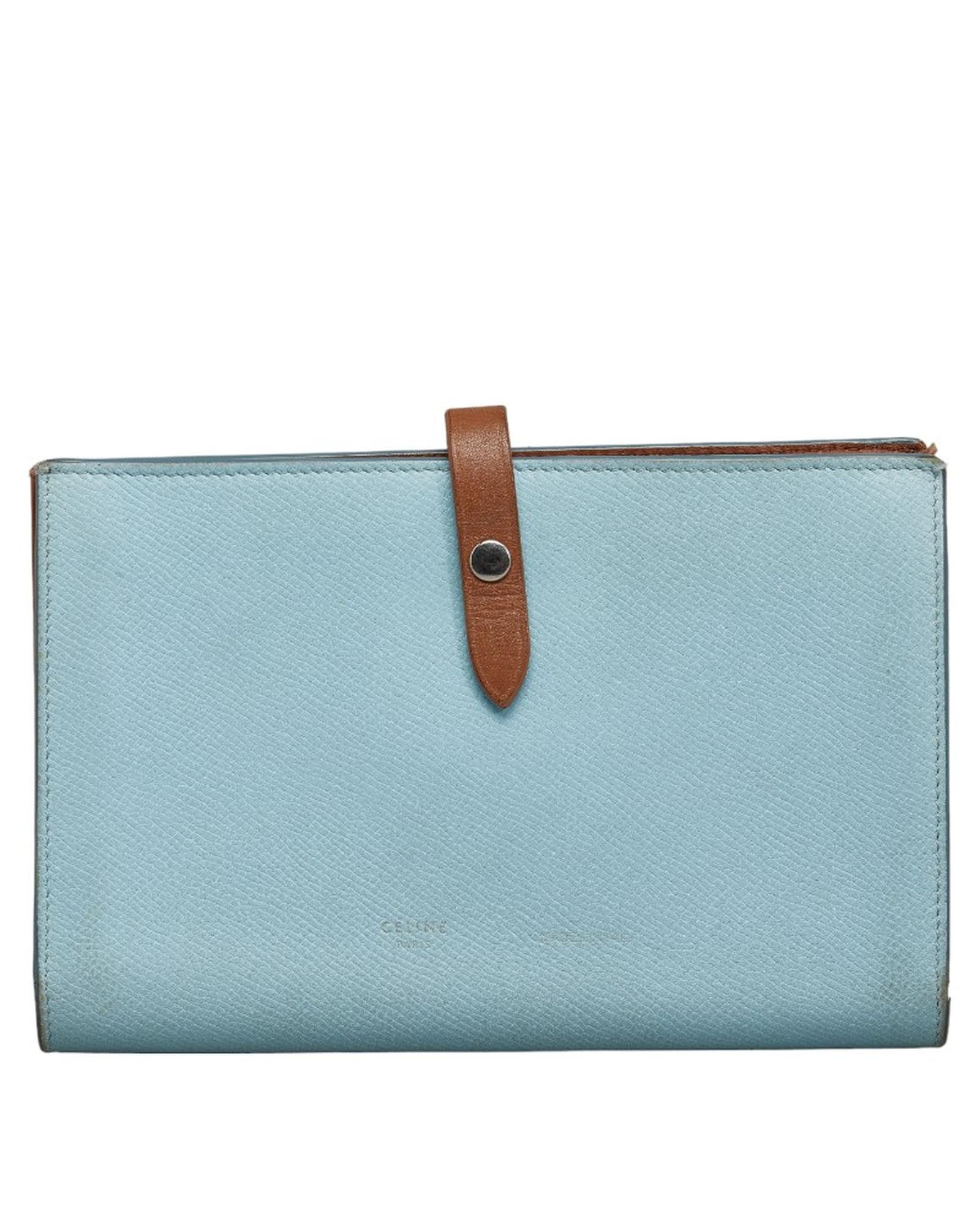 image of Celine Leather Bifold Strap Wallet in Blue, Women's