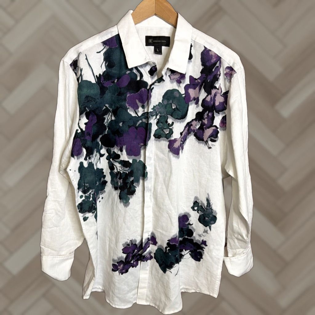 Vintage INC International Concepts Linen Blend White Floral Shirt Womens L NWT Size L / US 10 / IT 46 - 1 Thumbnail