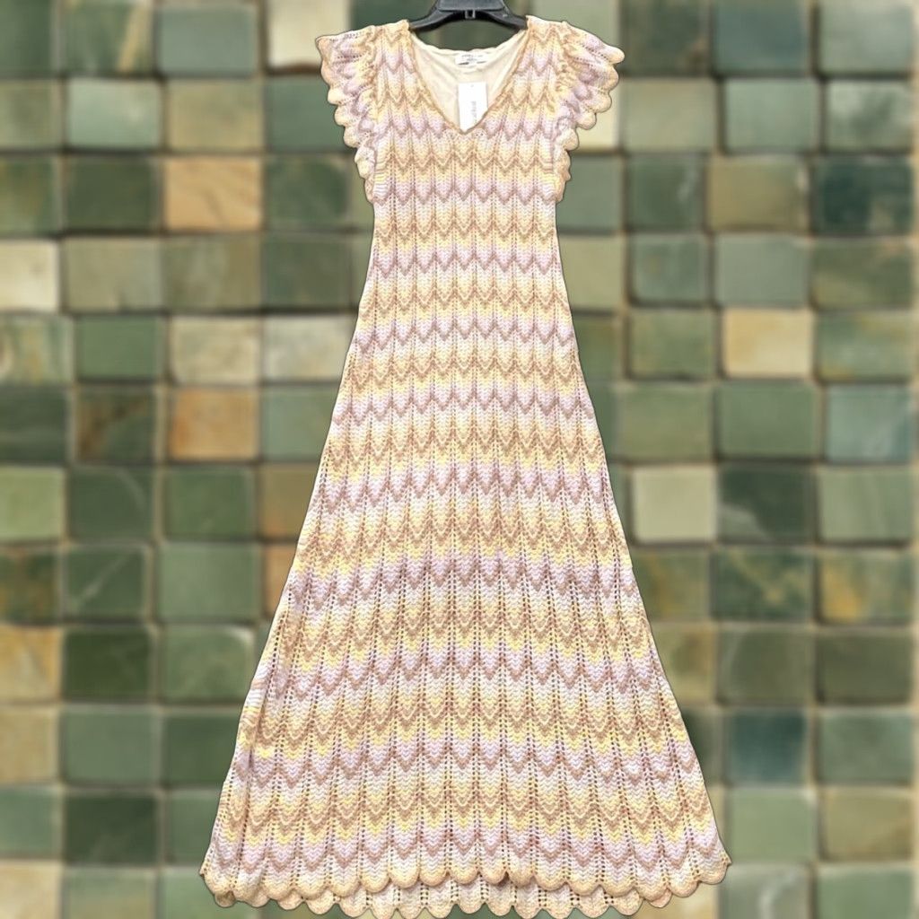 DEREK LAM Crochet Knit Dress Women's Size M Multicolored Midi A-Line V-Neck  Pullover Short