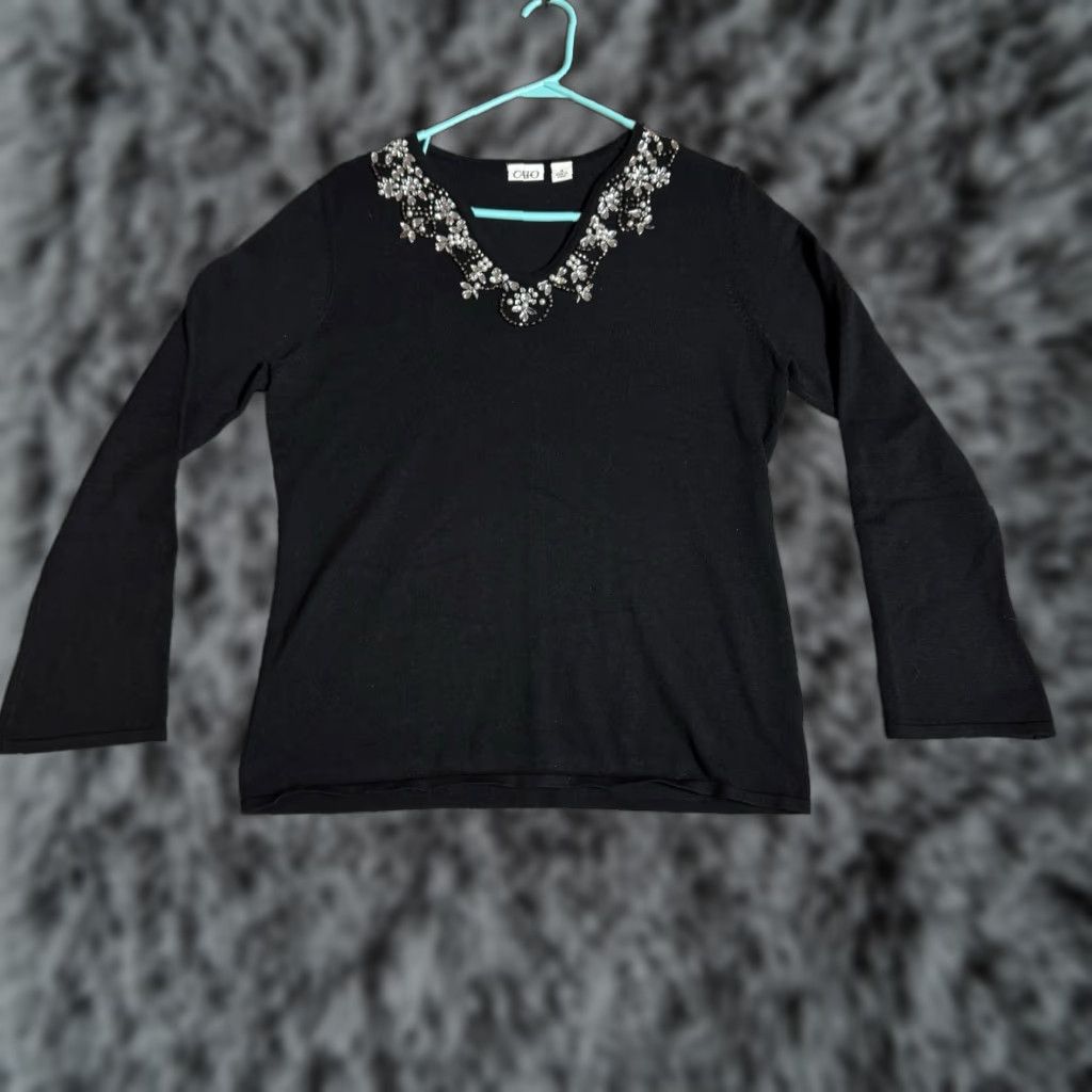 Vintage VINTAGE Y2K Top Womens Size Medium Beaded Embellished Feminine Chic Evening Wear Shirt Blouse 70% Rayon 30% Nylon Black 90s City Fairy Mens? Size M / US 6-8 / IT 42-44 - 1 Thumbnail