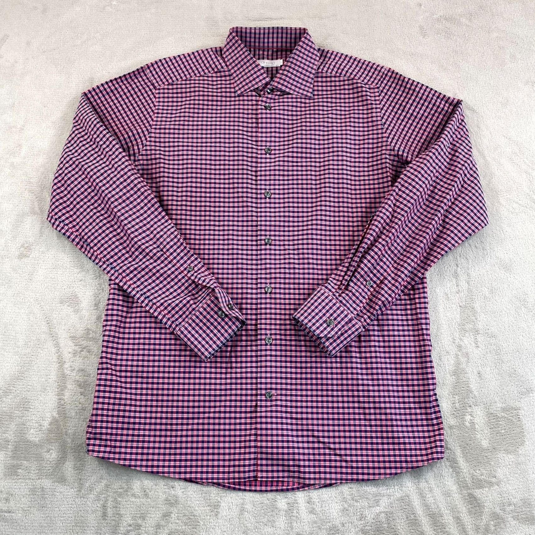Eton ETON Shirt Men 42 16.5 Large Pink Navy Plaid Designer Long Sleeve Size US L / EU 52-54 / 3 - 3 Thumbnail