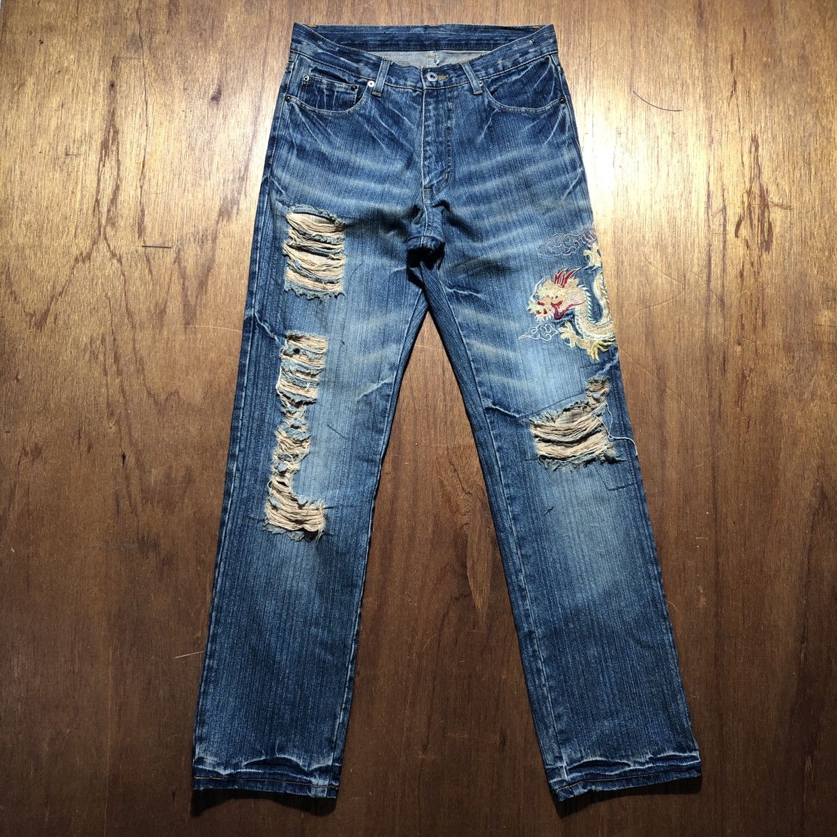 image of Sukajan Style Distressed Denim in Blue, Men's (Size 30)