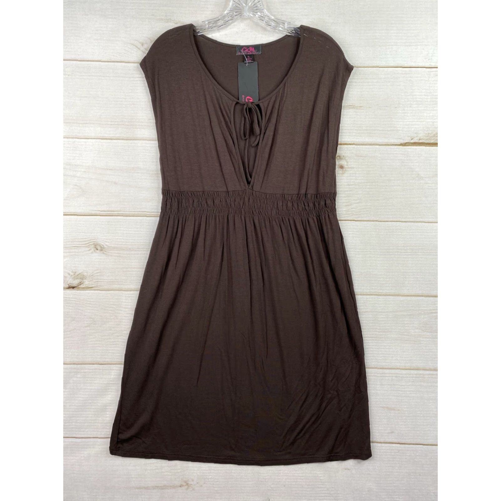 Vintage Caroline Morgan CKM Dress XL Brown Elastic Waist Knit Jersey Cap Sleeve Scoop Neck Knee Length NWT Casual Travel Womens Size XL / US 12-14 / IT 48-50 - 2 Thumbnail