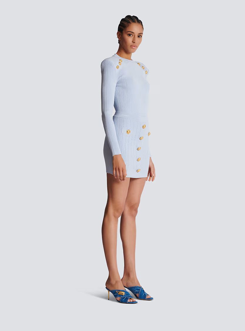 Balmain o1s1wg111225 Knit Skirt With Buttons in Light Blue Size 30" / US 8 / IT 44 - 3 Thumbnail