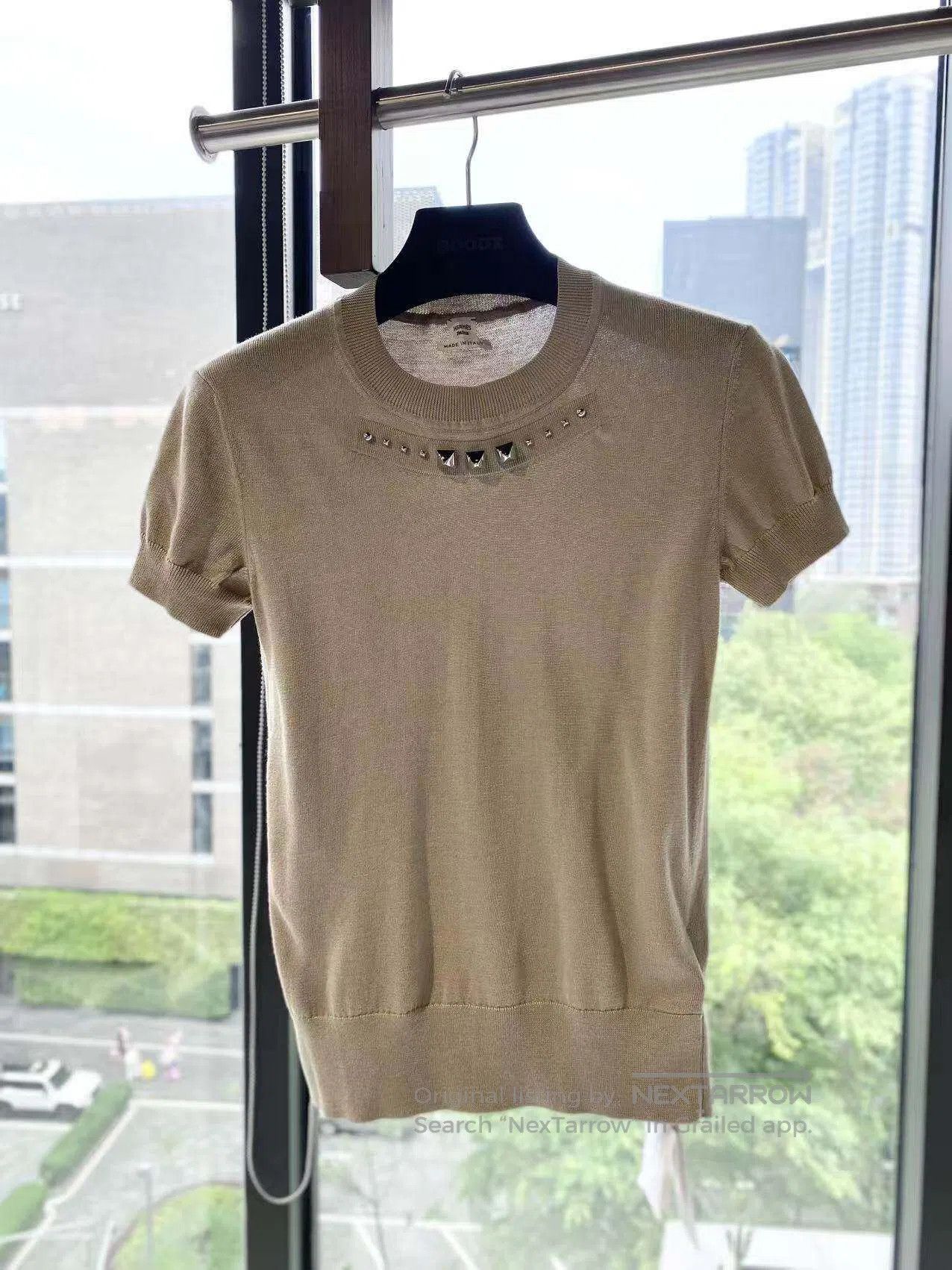 Hermes Hermes Rivet-embellished coffee short-sleeved knitwear| Size 4XL / US 24-26 - 2 Thumbnail
