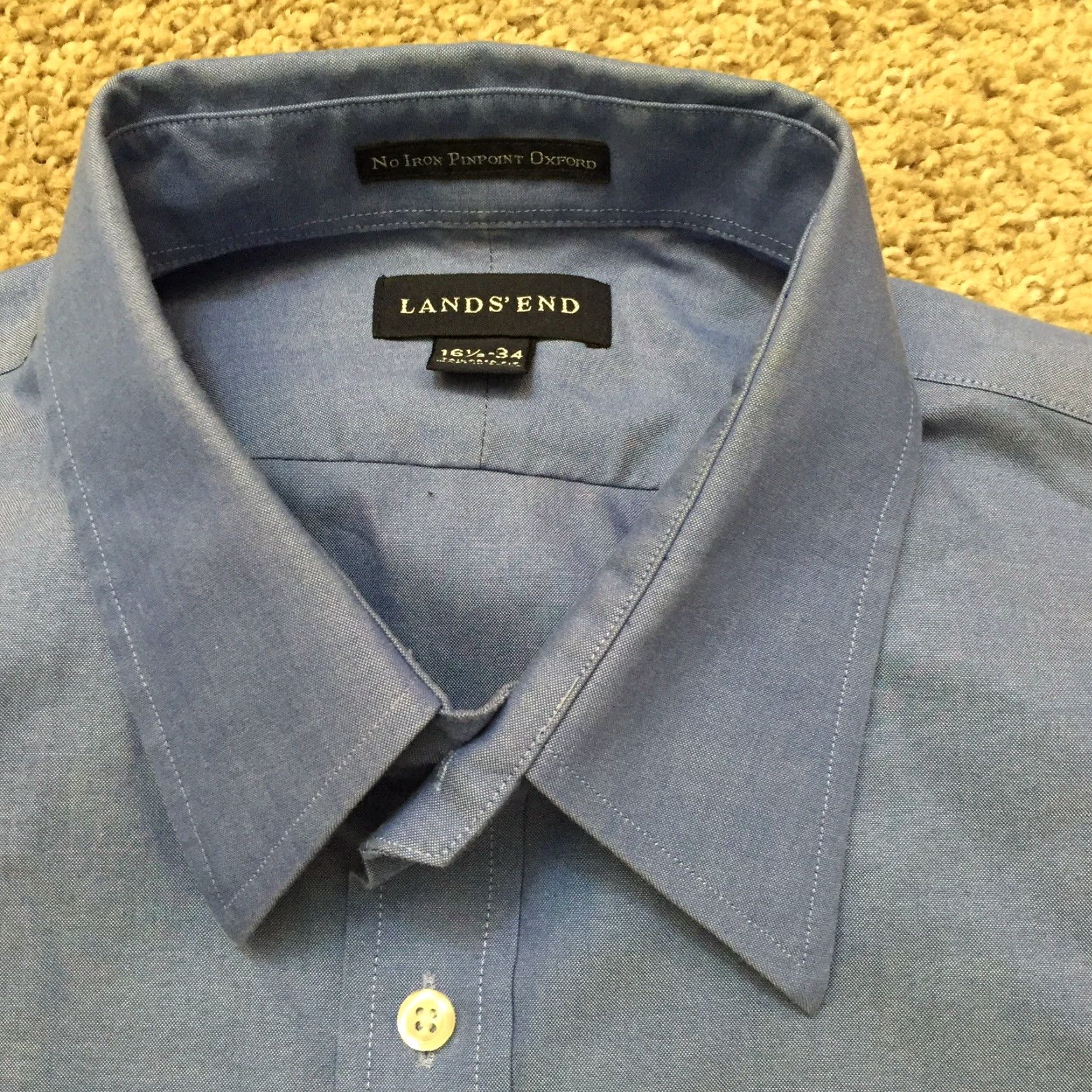 Lands' End Lands End Shirt Mens 16.5 Blue Long Sleeve Button-Front Pinpoint Oxford - Button-Up, Cotton, Collar, Solid, 16.5, Mens Size US XL / EU 56 / 4 - 2 Thumbnail
