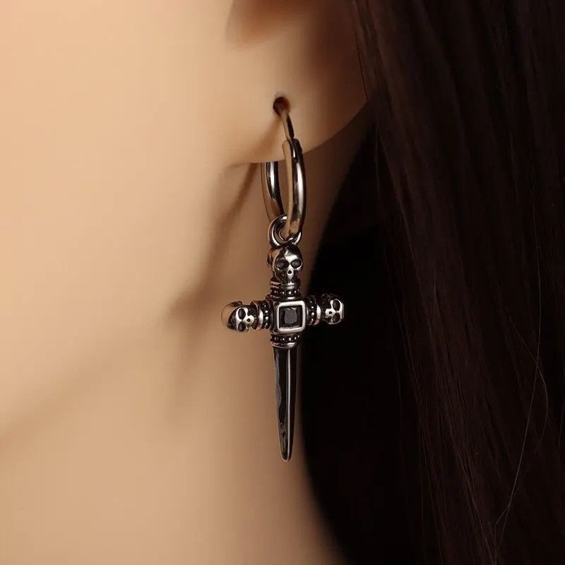 Jewelry Skull Head Sword Cross Dangle Earrings Size ONE SIZE - 5 Thumbnail