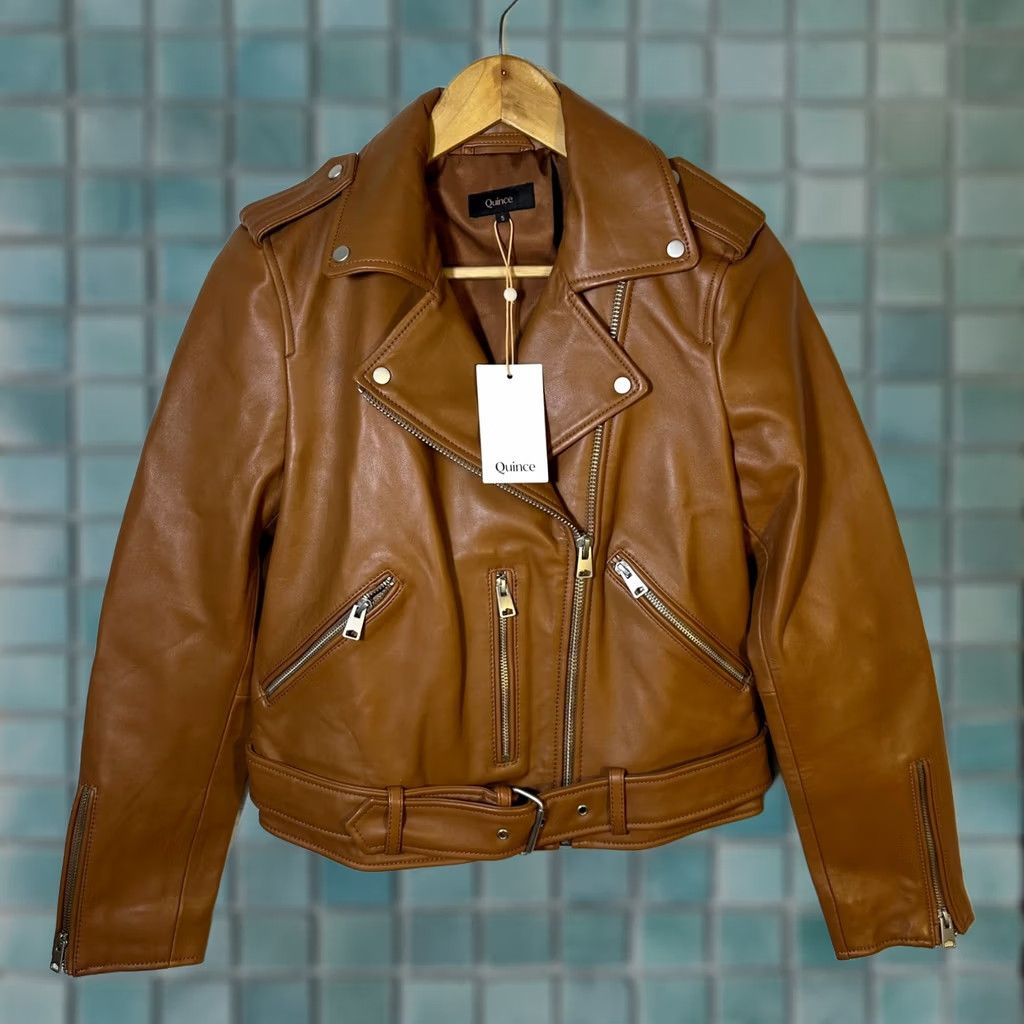 Quince Quince Womens Leather Motorcycle Jacket Small Dark Cognac Brown Bike Size S / US 4 / IT 40 - 1 Thumbnail