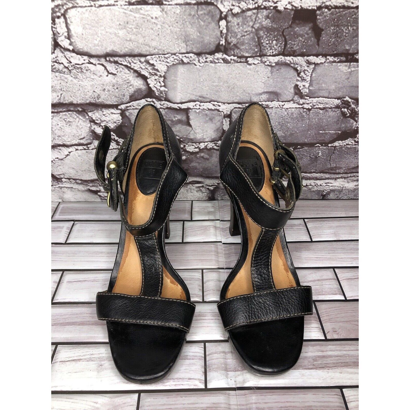 Frye Frye Gabby Bucklet Black Leather T-Strap High Heel Sandals W Size US 7 / IT 37 - 20 Thumbnail