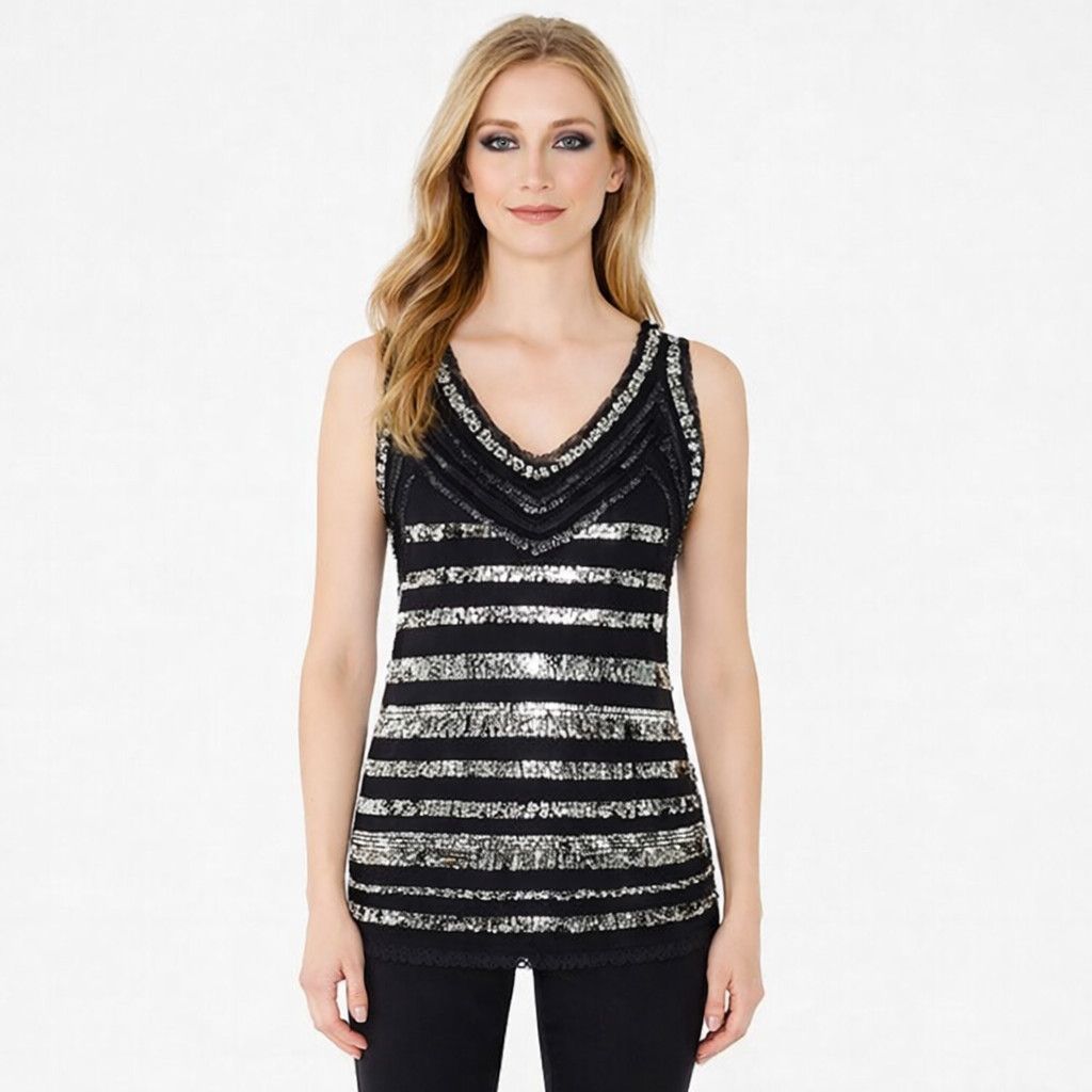 Nine West Black/Silver Sequin-Striped Ruffle Trim V-Neck Tank Glam Size M / US 6-8 / IT 42-44 - 1 Thumbnail