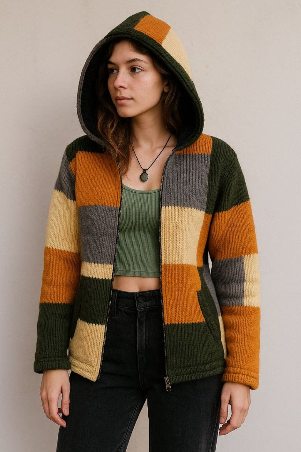 Handmade Wool Patchwork Hoodie Jacket – Nepal Boho