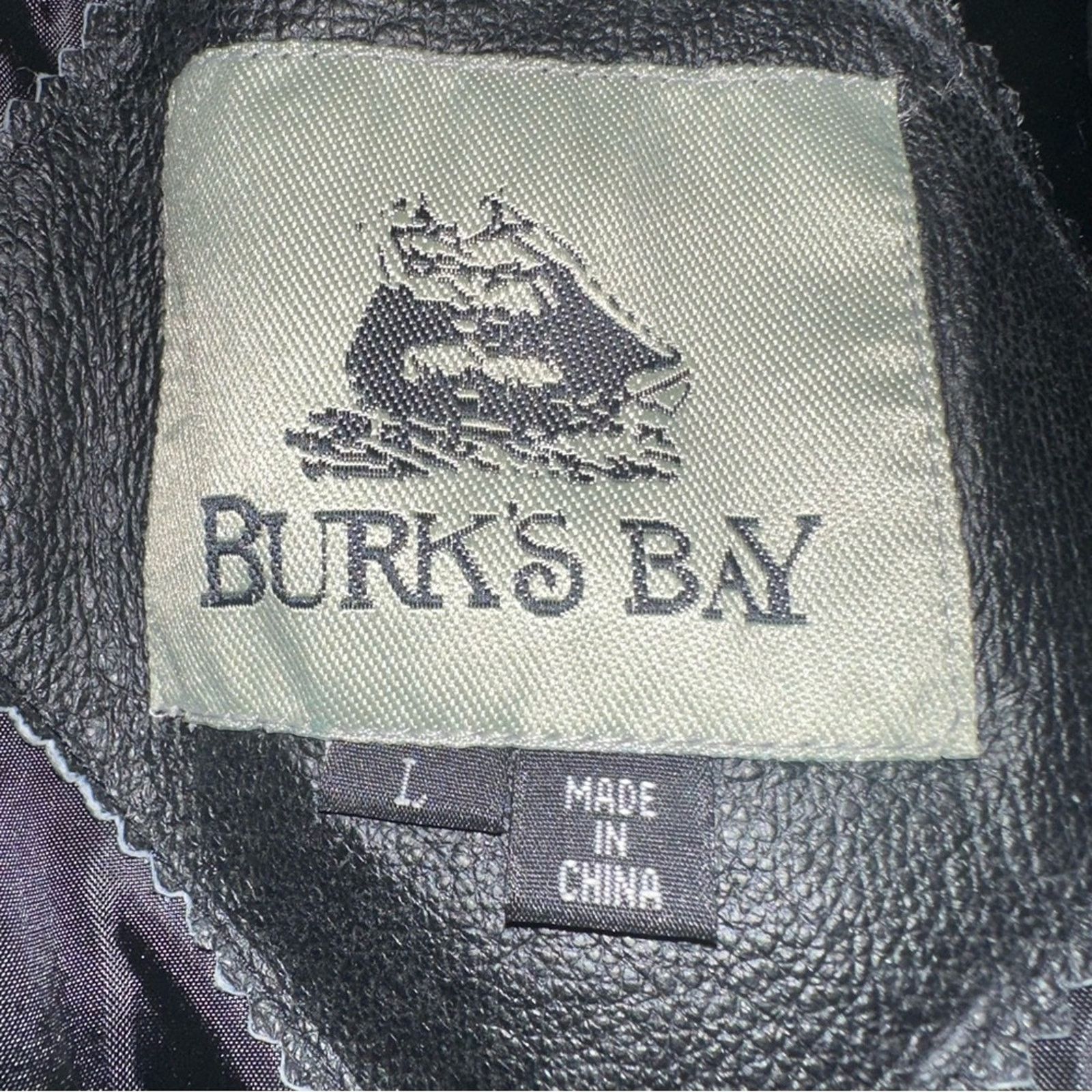 Men’s Burks Bay black Leather Jacket sz L Drilling Logo