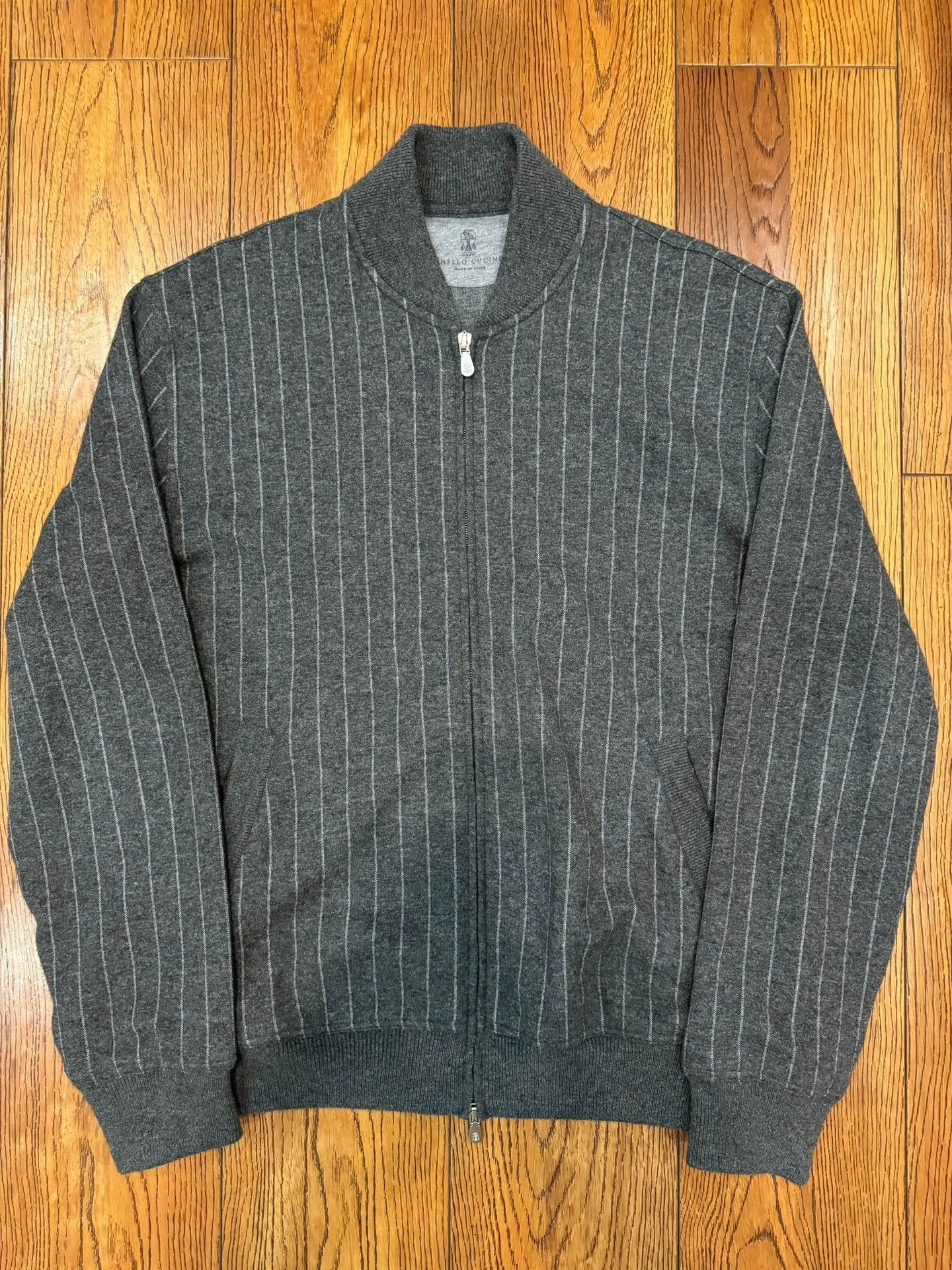 Brunello Cucinelli Brunello Cucinelli Men's Gray Striped Bomber Jacket - dmc Size US S / EU 44-46 / 1 - 1 Thumbnail