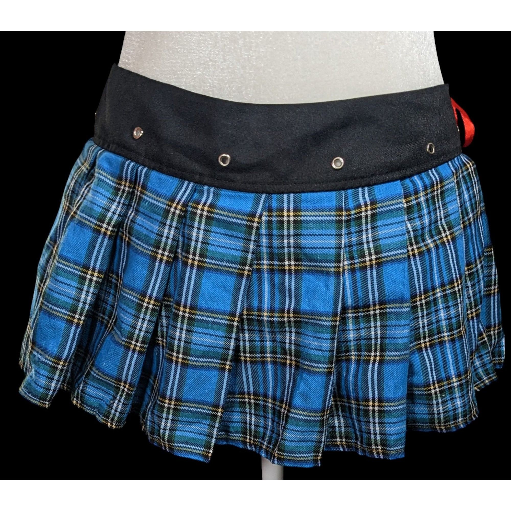 Other Gothic Punk Blue Plaid Pleated Tie On Mini Skirt Size 34" / US 12 / IT 48 - 1 Thumbnail