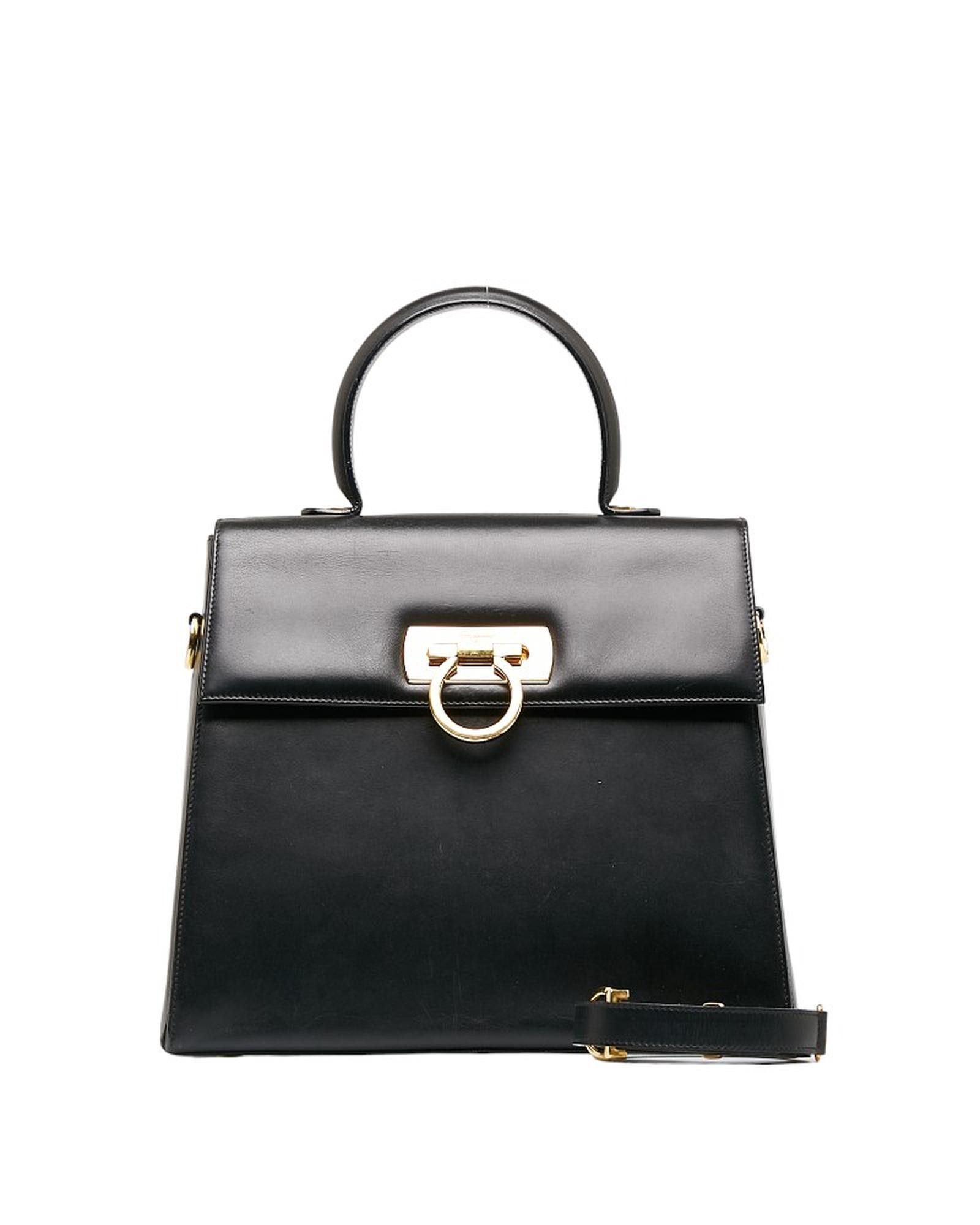 image of Salvatore Ferragamo Black Leather Gancini Handbag, Women's