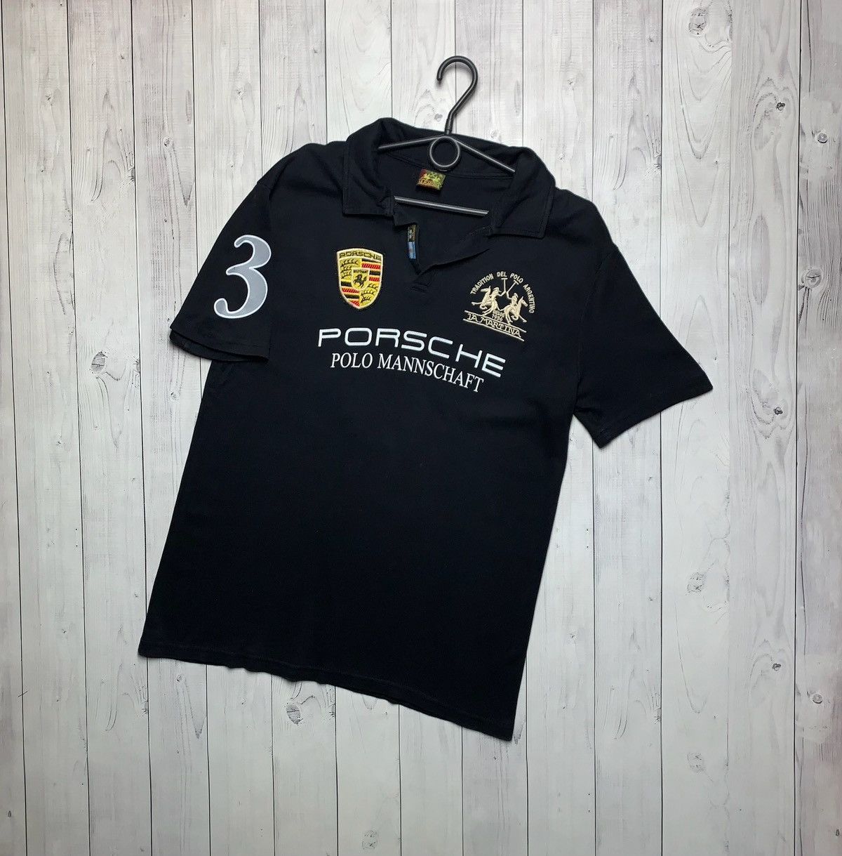 Vintage L A Martina Porshe racing polo black size L