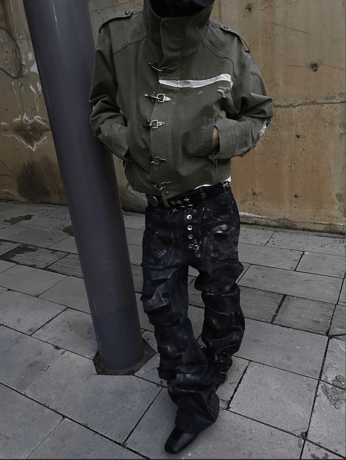 Other Y2K Black Destruction Brush Silver Heavy Work Wide Leg jeans Size US 34 / EU 50 - 3 Thumbnail