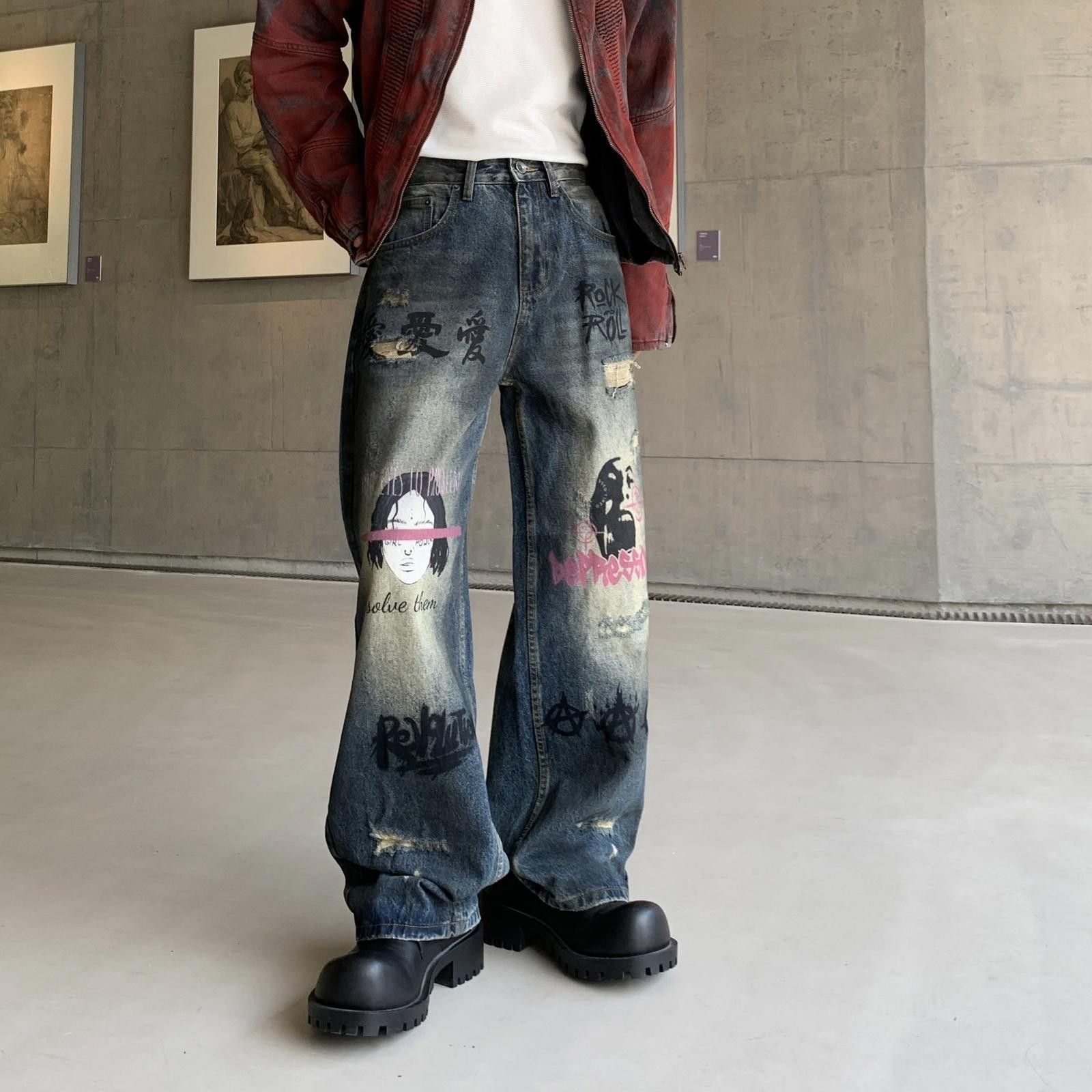 Japanese Brand Distressed Relaxed Fit Graffiti Jeans, Baggy Denim Size US 32 / EU 48 - 1 Thumbnail