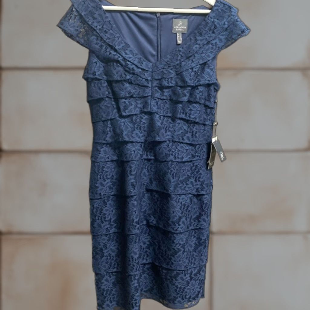 Adrianna Papell VINTAGE Adrianna Papell Shutter Tuck Lace Sheath Dress Navy 8 Cap Sleeve V-Neck Zip Women’s Size M / US 6-8 / IT 42-44 - 1 Thumbnail