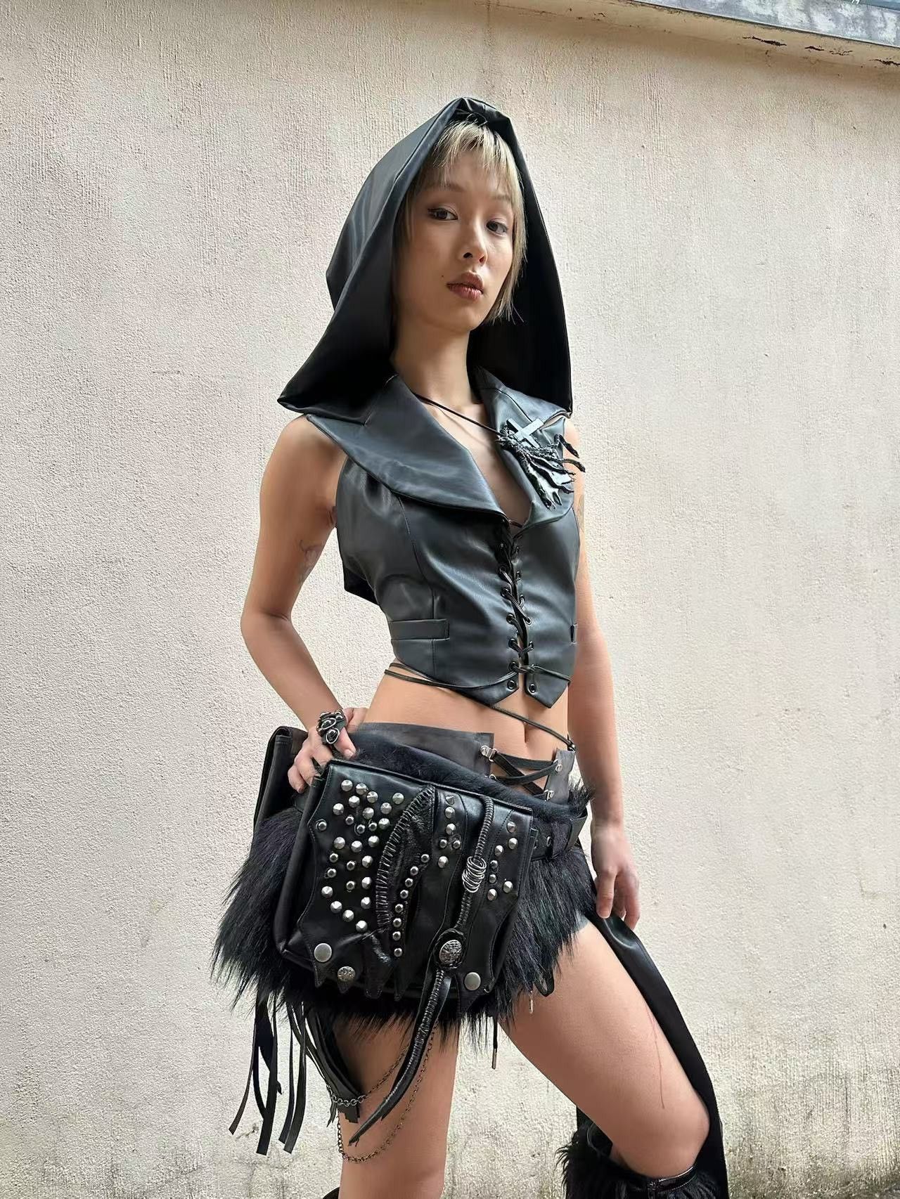 Designer × Japanese Brand visual kei gothic faux leather studded patchwork waist bag Size ONE SIZE - 6 Thumbnail