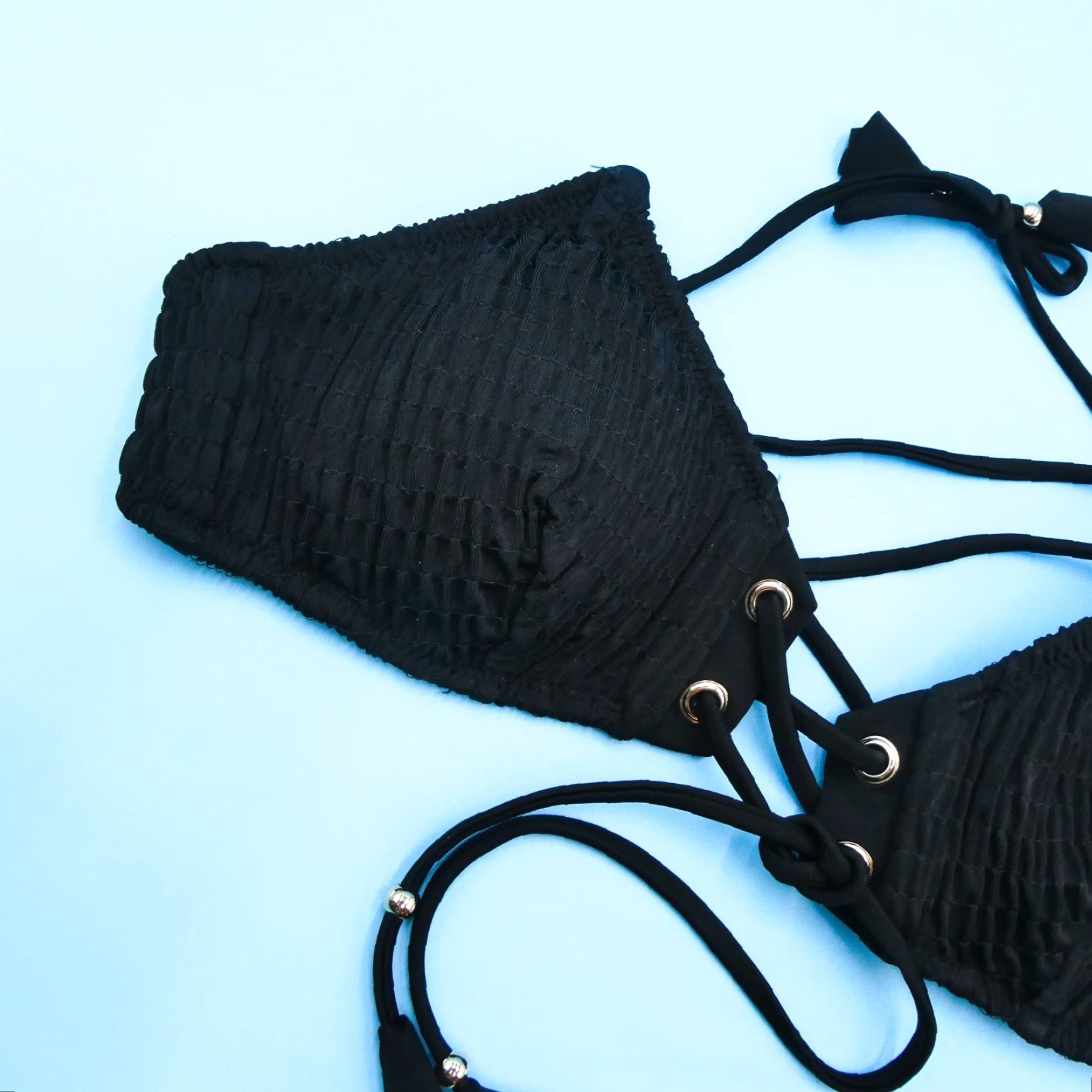 Victoria's Secret Top Bikini Triangle Halter Black S Padded Ruched VS Logo Beach Womens