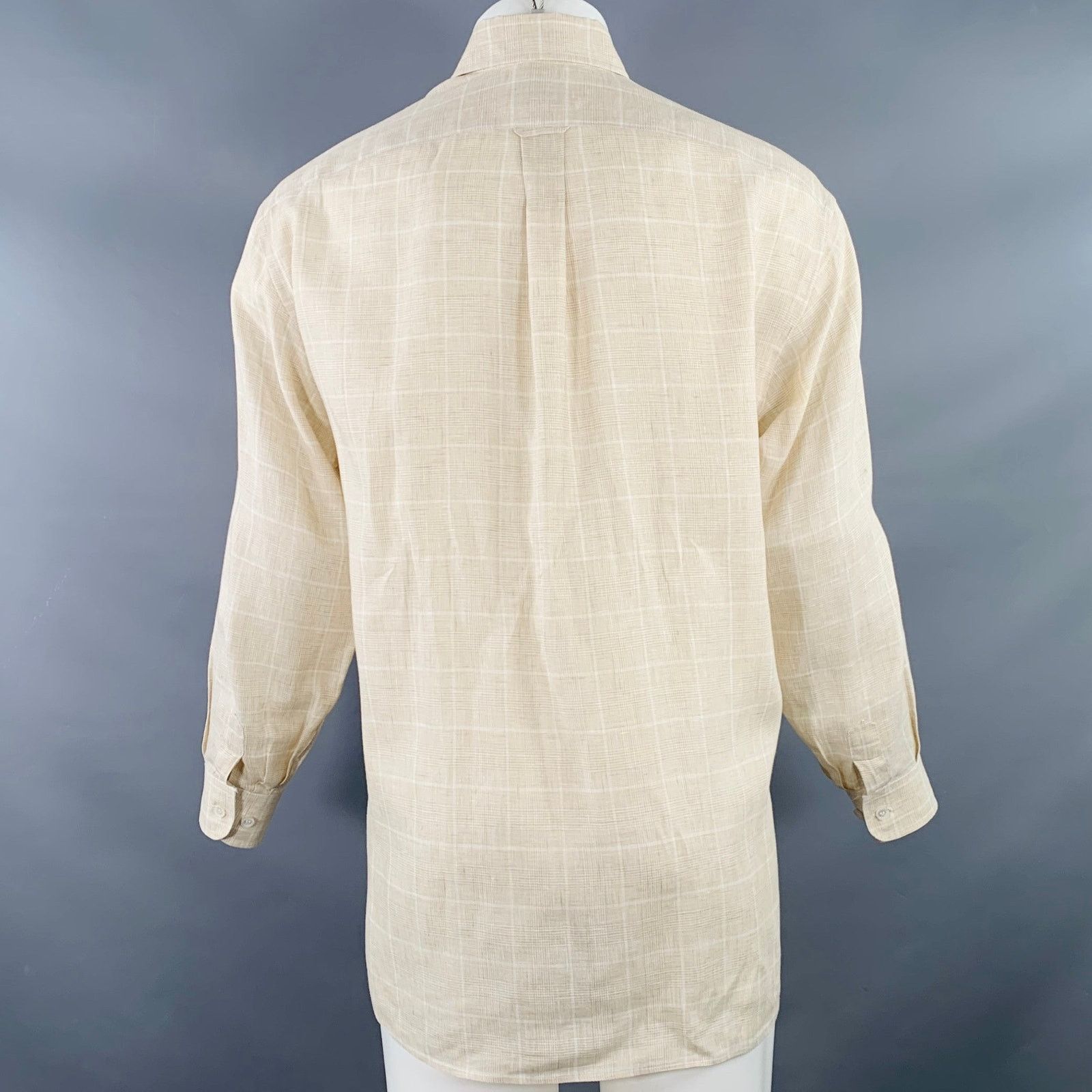 Faconnable Beige White Window Pane Linen One Pocket Long Sleeve Shirt Size US S / EU 44-46 / 1 - 4 Thumbnail