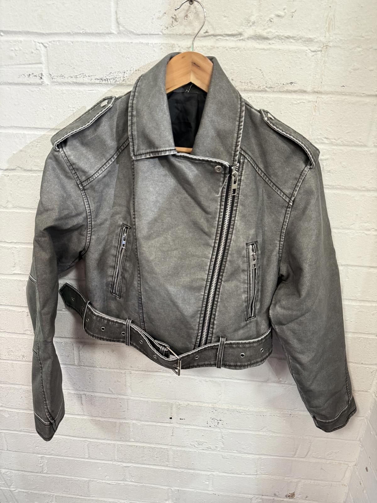 Unknown London Women's Grey Faux Leather Biker Jacket with Belt Size S / US 4 / IT 40 - 1 Thumbnail
