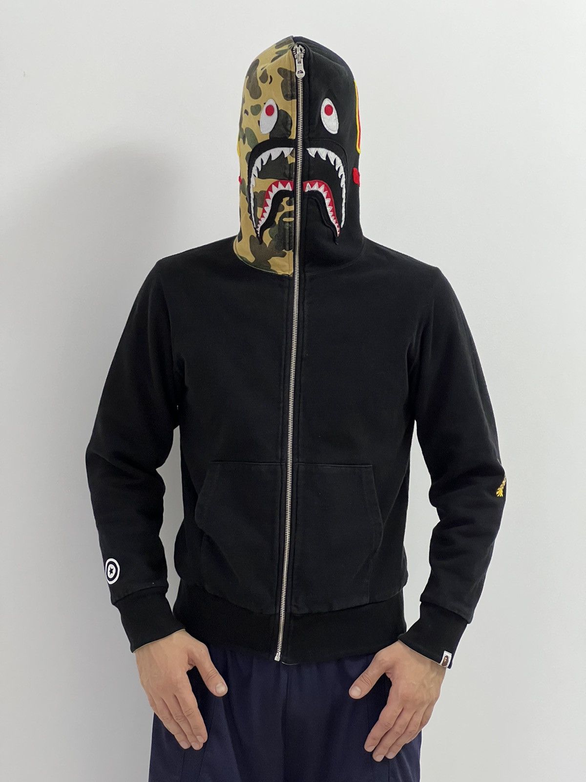 Reversible camouflage with black Bape Shark print hoodie