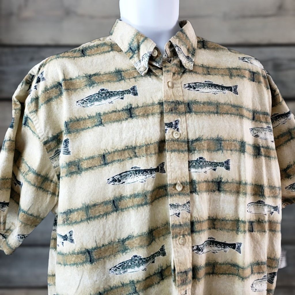 Pendleton VINTAGE Pendleton Shirt Mens Button Front Cotton Fish Print Green Brown Sz L Large Shirt Men Short Sleeve Collared Button-Up 90s Theme Fish Mens Size US L / EU 52-54 / 3 - 1 Thumbnail