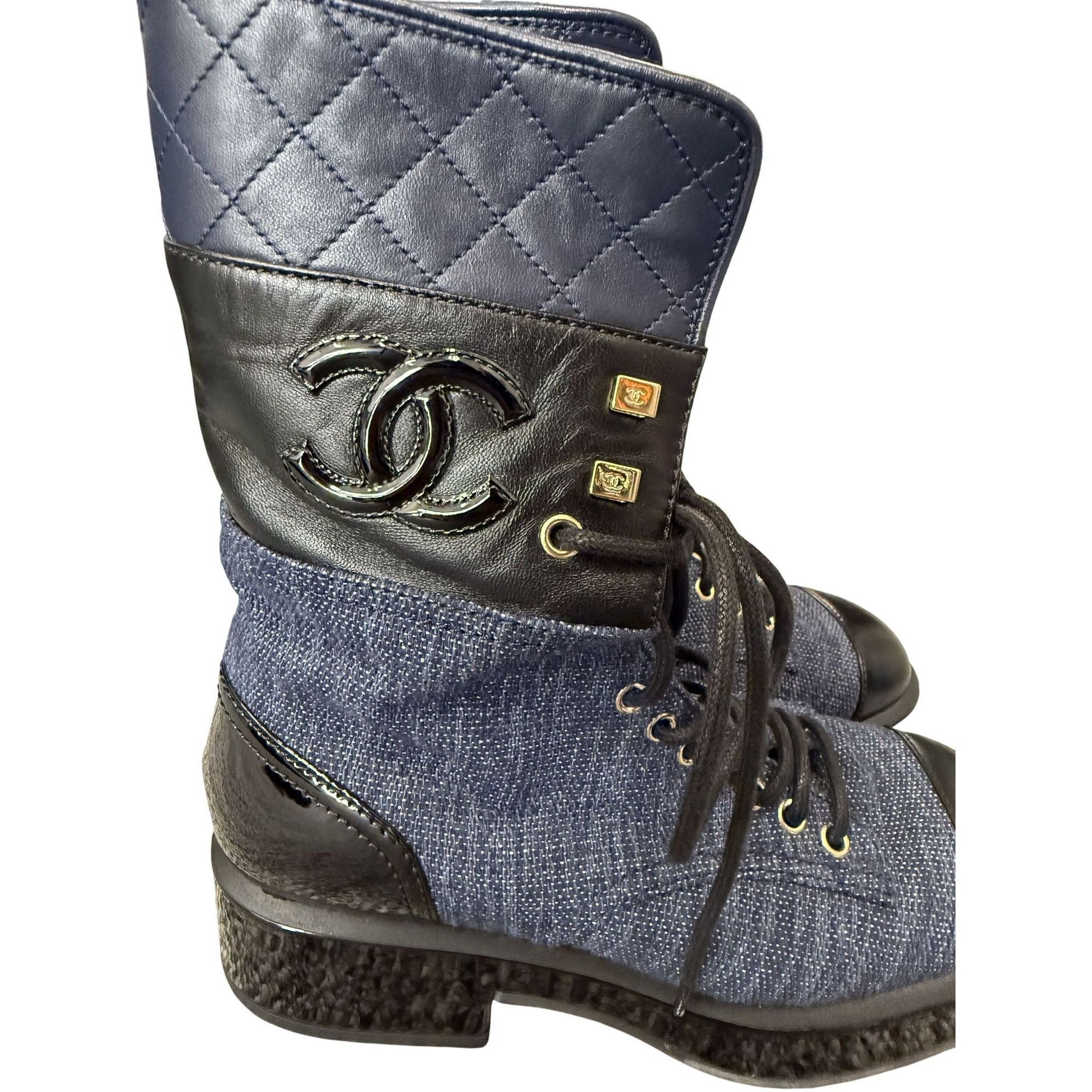 Chanel Chanel Womens Blue Denim & Black Patent Leather Combat Boots Size XS / US 0-2 / IT 36-38 - 9 Thumbnail